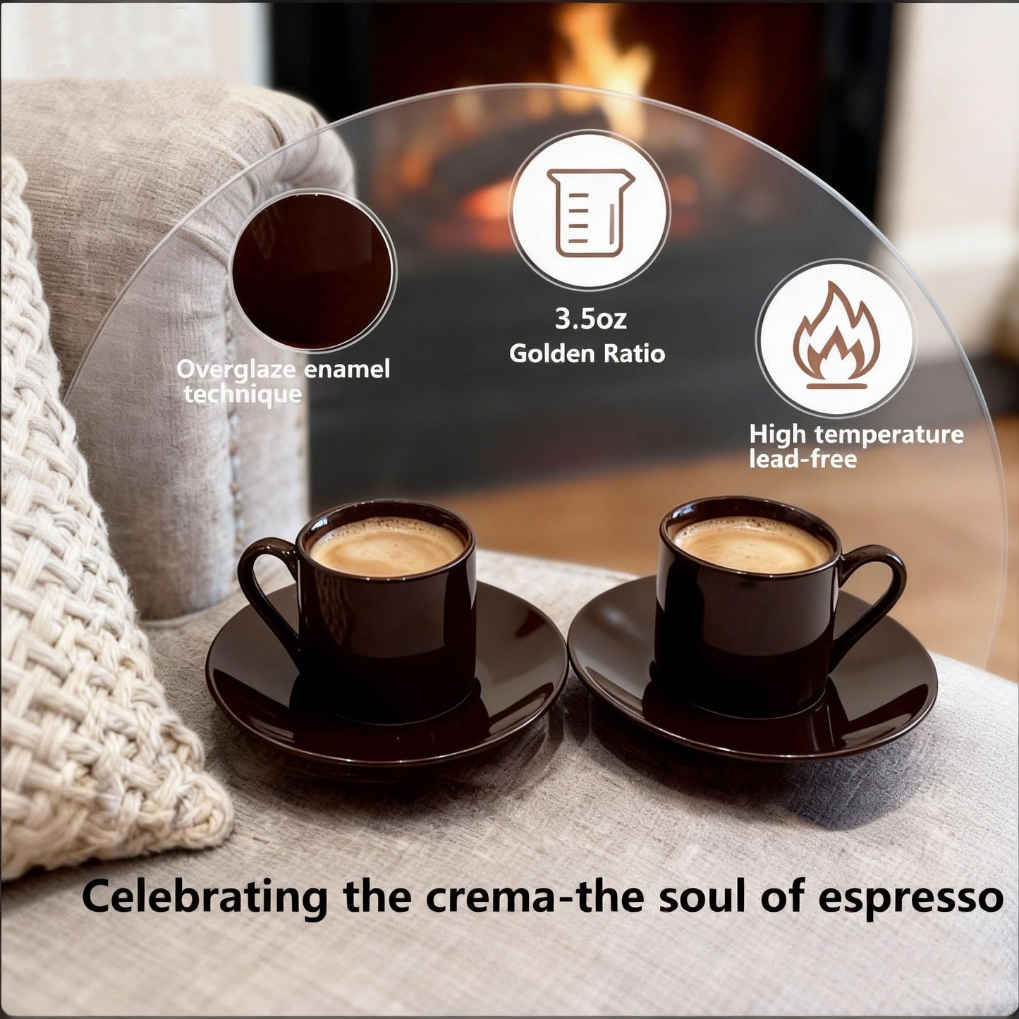 Porcelain 3.5oz Espresso Cups Set of 2 with Matching Saucer, Ceramic Demitasse Espresso shot Cups for Turkish, or Italian Coffee- Microwave Dishwasher Safe,Brown