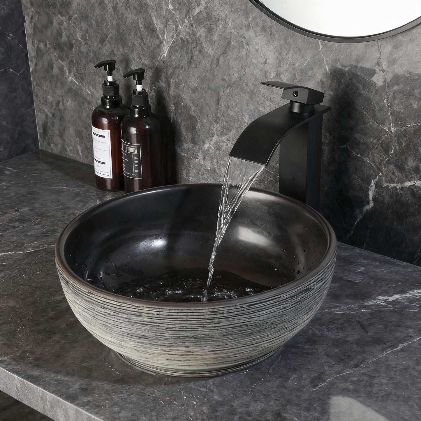 Zoyueyu 14 Inch Black Round Bathroom Vessel Sink with Waterfall Faucet and Pop-Up Drain Combo,Ceramic Vessel Sink Above Counter Round Bathroom Sink Bowl,Small Sink for Bathroom