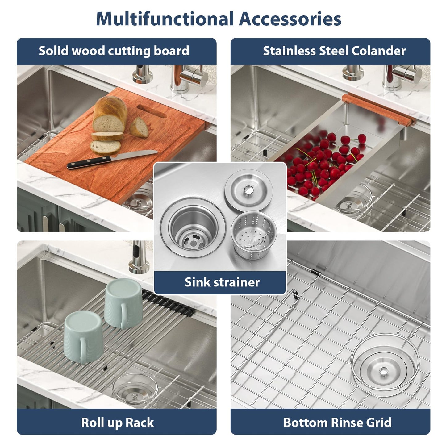 Lordear 33 Undermount Kitchen Sink 33" x 19" Stainless Steel Sinks 16 Gauge Single Bowl Ledge Workstation Handmade Under Counter Kitchen Sink Basin with Built-In Accessories