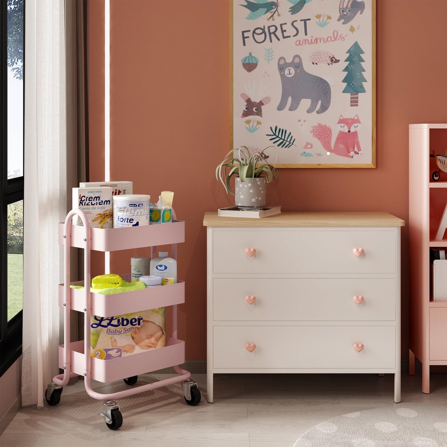 Elitehouse Metal Rolling Cart,3-Tier Pink Rolling Cart with Wheels,Metal Utility Cart with Wheels for Office,Home,Kitchen,Garden（13.4"x18.1"x31"） Pink