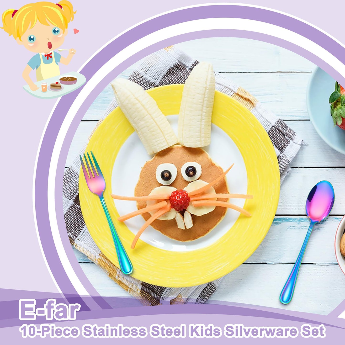 E-far 10-Piece Rainbow Toddler Utensils, Kid Stainless Steel Silverware Set, Children Safe Forks and Spoons Set for Self Feeding, Healthy & Non-Toxic, Mirror Polished & Easy to Clean