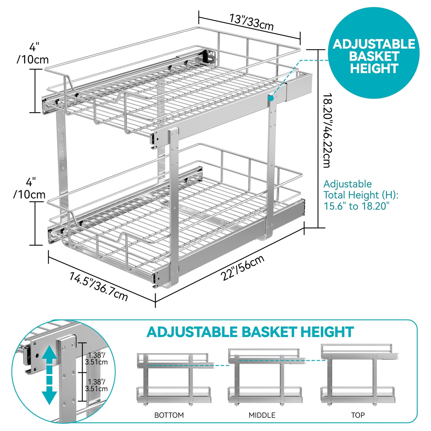 2 Tier Pull Out Cabinet Organizer 14" W X 22" D, Slide Out Drawers For Kitchen Cabinets, Pull Out Drawers For Cabinets Capacity Heavy Duty Caddy, Cabinet Pullout Shelves Chrome-Plated,Bathroom Pantry