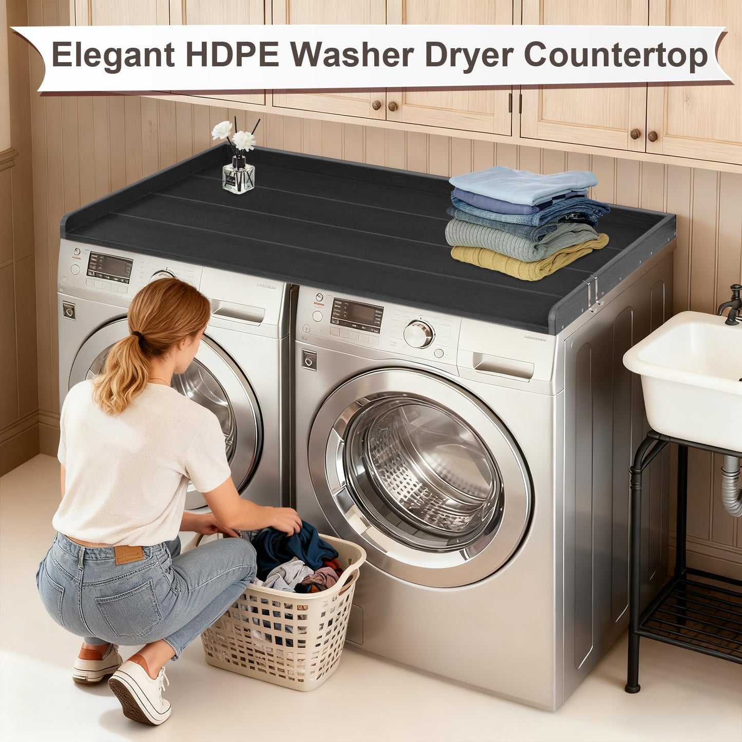 Chormtok Washer Dryer Countertop, HDPE Laundry Countertop with Edge Rails, No-Installation-Black