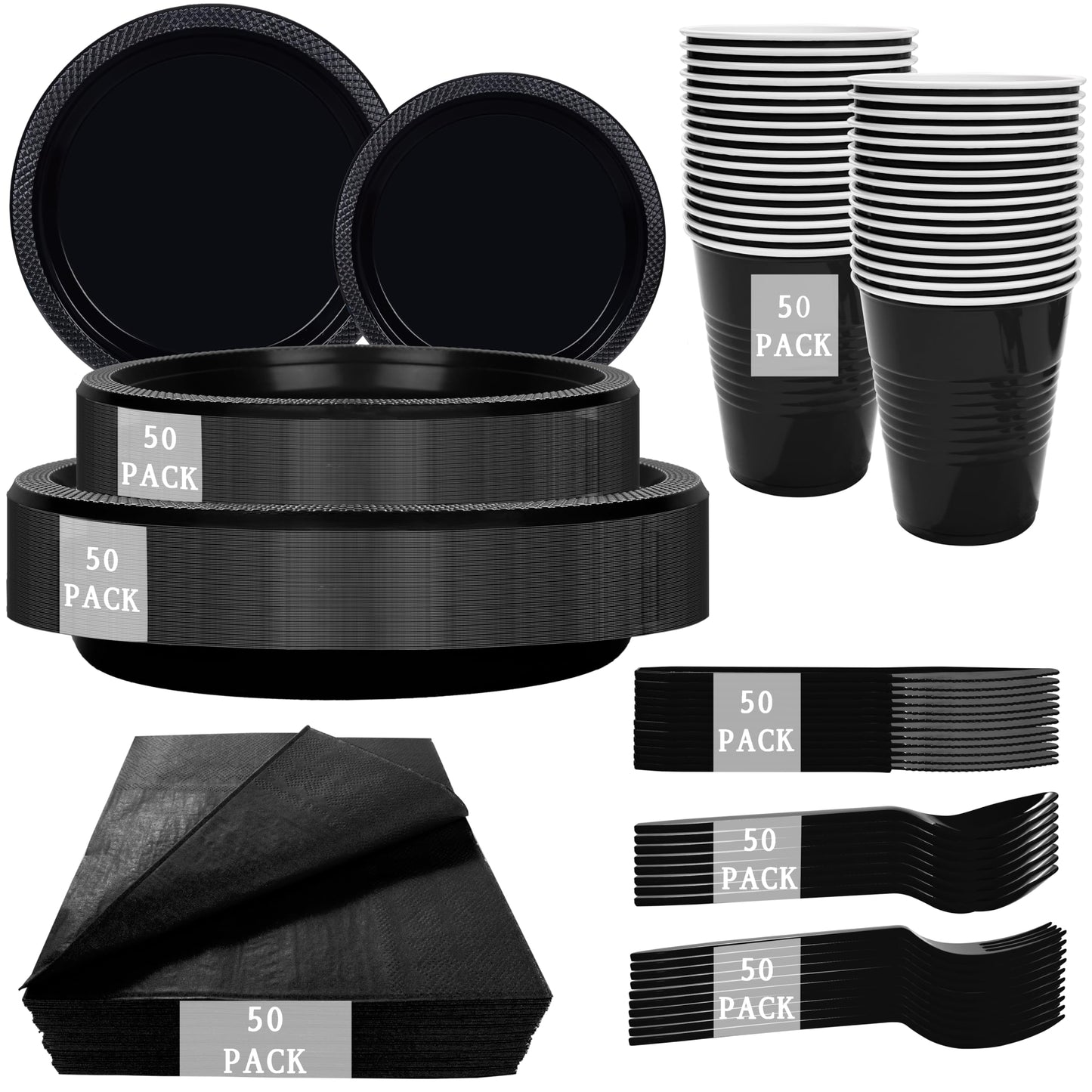 MirthMood 350PCS Black Disposable Plates,Black Plates,Plastic Party Supplies, Includes 50 Dinner Plates, 50 Salad Plates, 50 Silverware, 50 Napkins and 50 12OZ Cups for Wedding & Birthday & Party