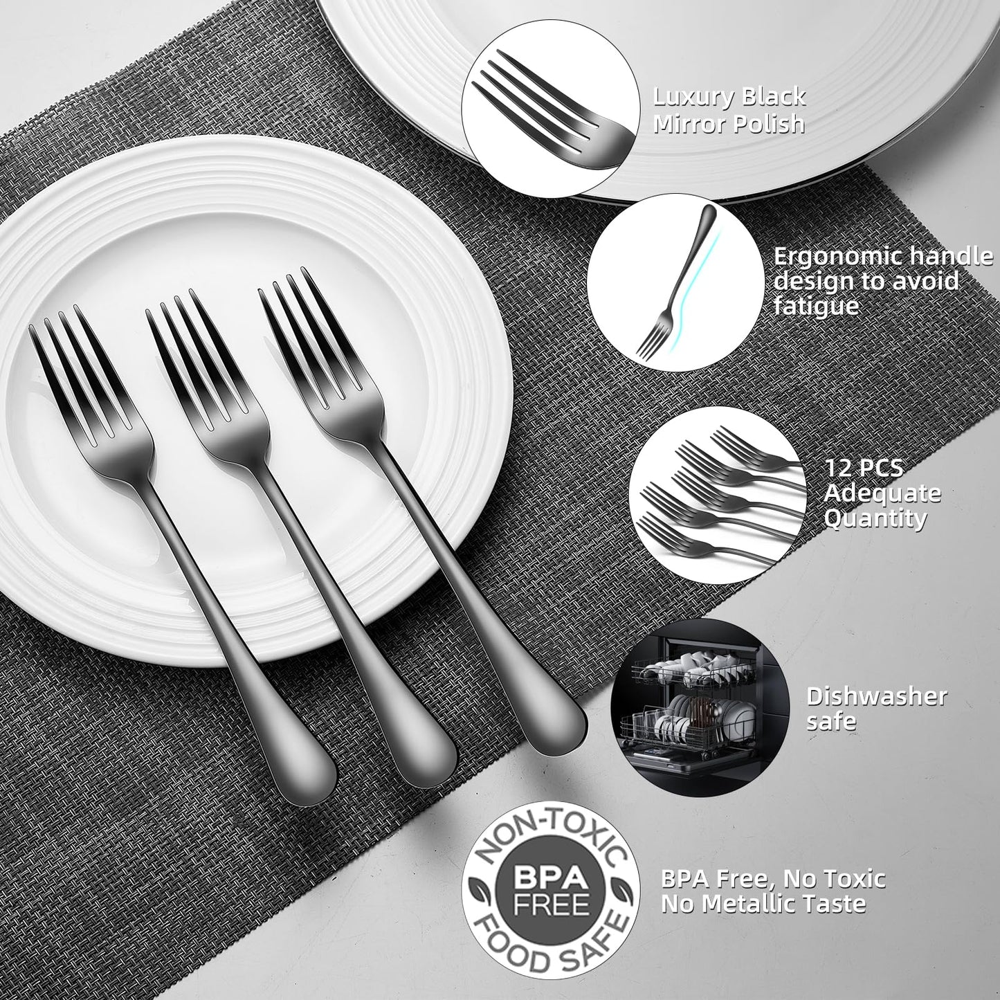 Black Forks Food-Grade Stainless Steel Dinner Forks 12 Piece Kitchen Forks 8 inch Silverware Set for Home Kitchen Restaurant-Mirror Polished & Dishwasher Safe