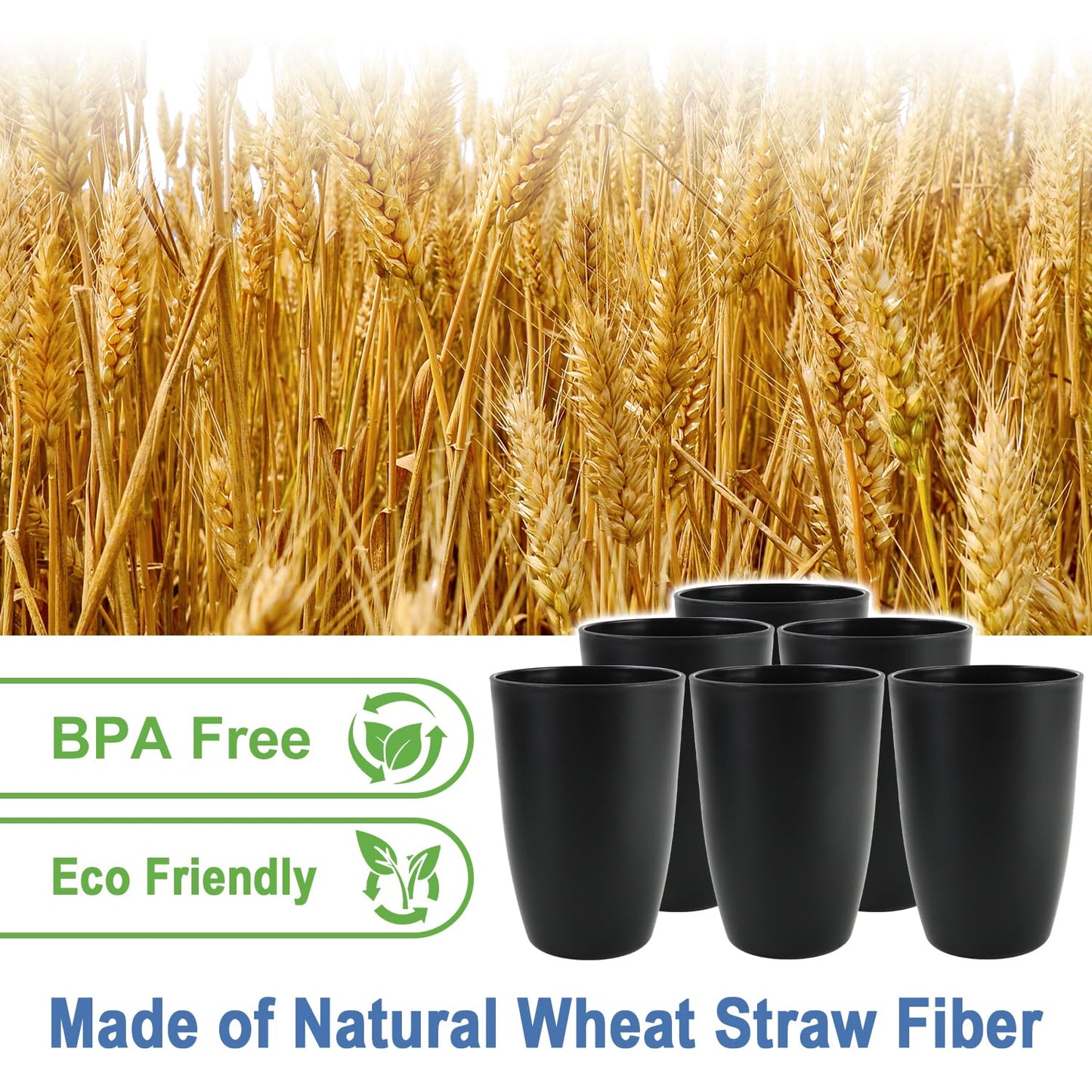 BUSOKIP 20 OZ Wheat Straw Cups SetS of 6, Unbreakable Drinking Cup, Alternative to Plastic Cups Reusable, Microwave & Dishwasher Safe Big Cup, Large Drinking Glasses for Kitchen, Party (Black)