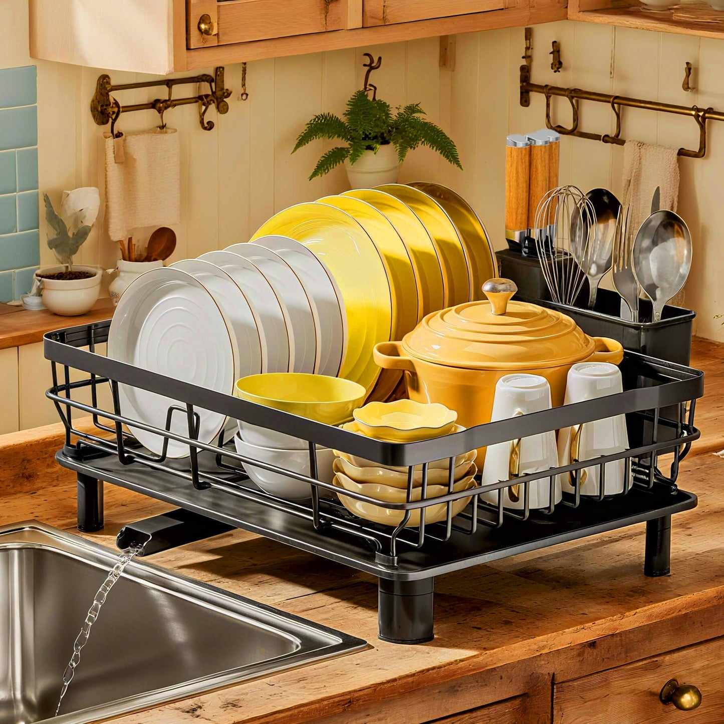 MOUKABAL Dish Drying Rack, Dish Rack, Stainless Steel Dish Racks for Kitchen Counter, Dish Drainer with Removable Utensil Holder, Drainboard (Black,13''W x 17''L)