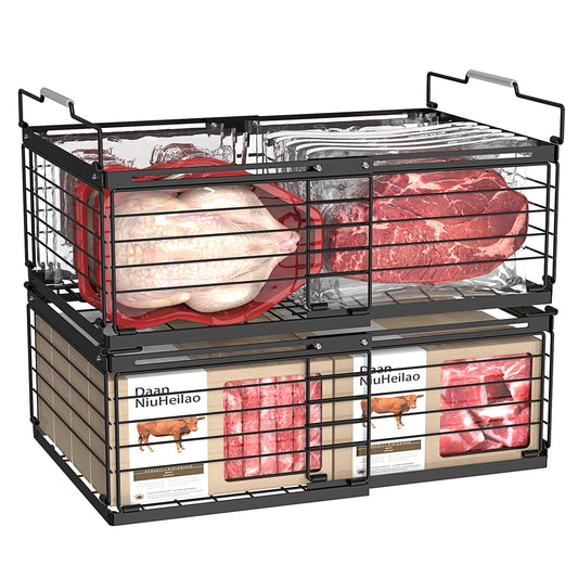 NADAMOO Freezer Organizer Bins, 2 Packs Large Expandable Stackable Chest Freezer Containers with Handle, Metal Adjustable Storage Baskets for Fridge, Deep Freezer, Cabinet, Kitchen, Pantry - Black