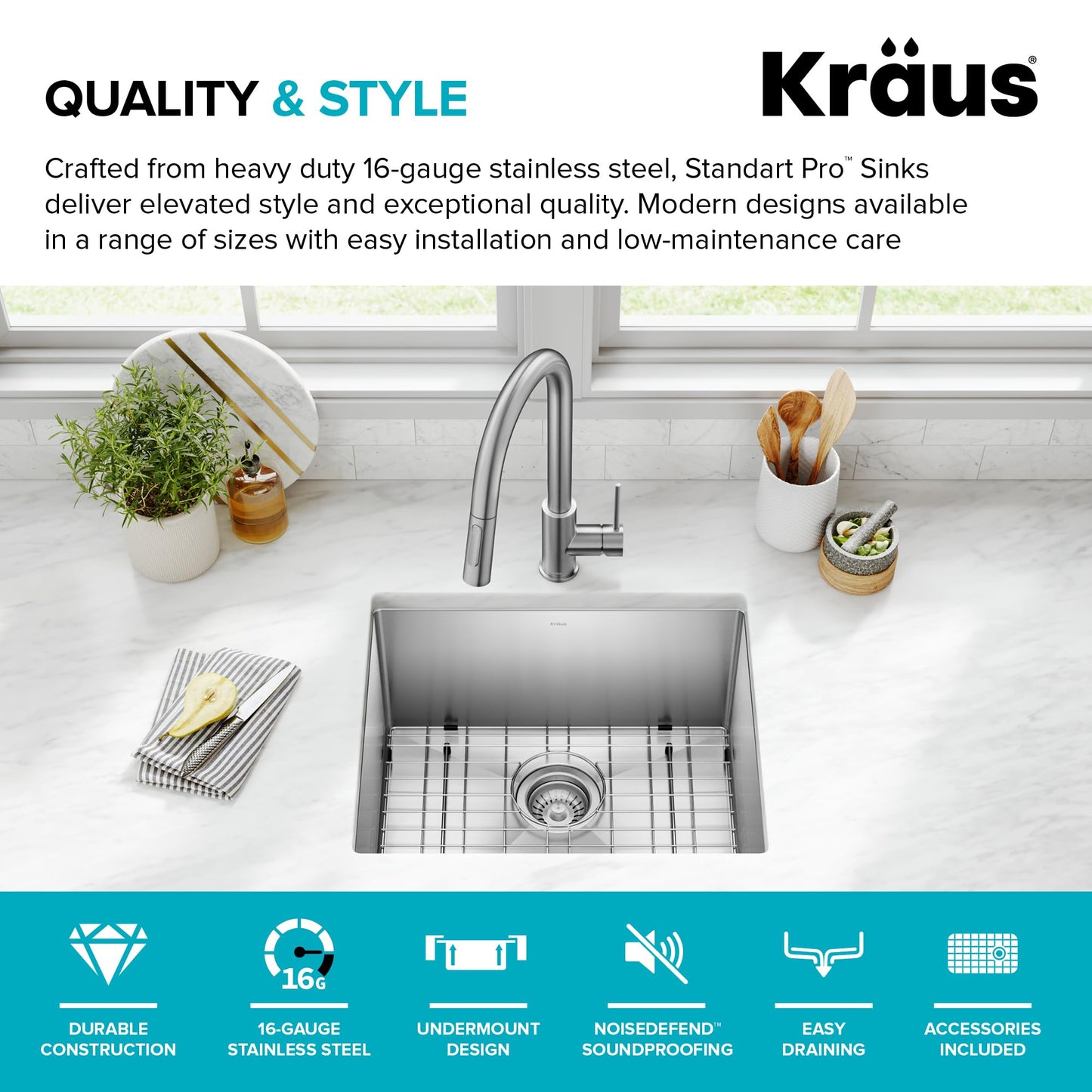 Kraus KHU101-21 Standart PRO 16 Gauge Undermount Single Bowl Set (4 Item Bundle: Sink, Bottom Grid, Drain Assembly, Kitchen Towel), 21 Inch, Stainless Steel