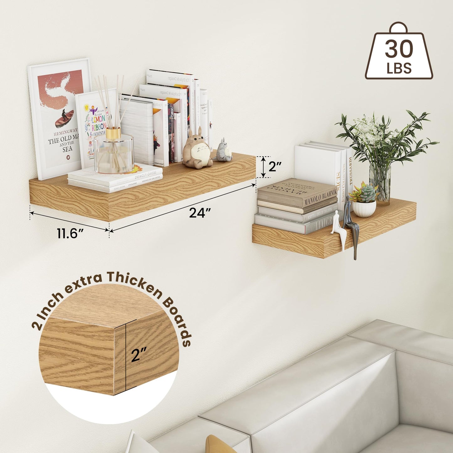 FLYJOE Deep Floating Shelves | 24 Inch Oak Floating Shelves Set of 2 | 12 Inch Deep Rustic Wood Shelves for Wall | 24" W x 12" D Oak Shelves for Living Room Bathroom Laundry Room Kitchen