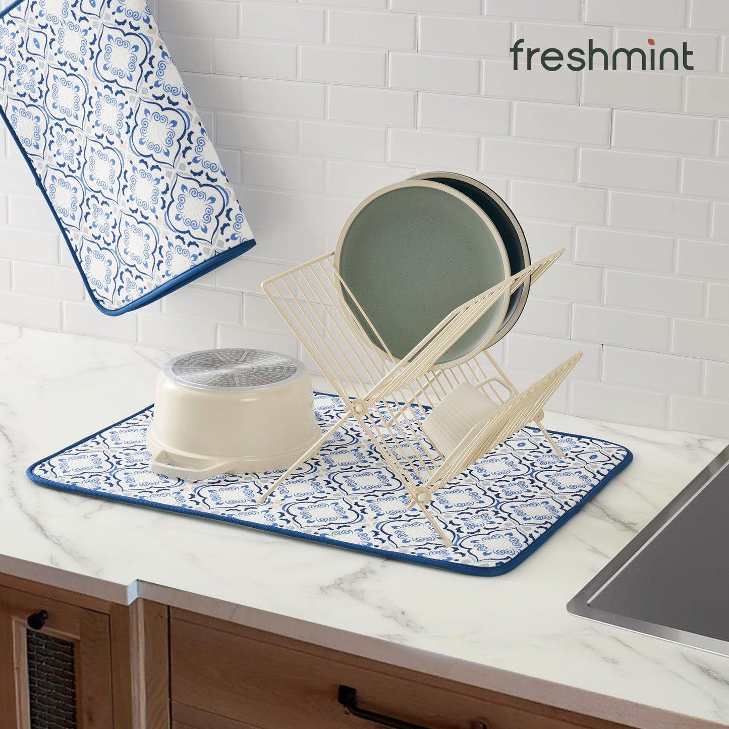 FRESHMINT Printed Dish Drying Mats for Kitchen Counter 2 Pack Absorbent Reversible Drying Mats Microfiber Kitchen Countertop Protector Dishes Drying Pad Extra Large 18"x24" Dish Mat