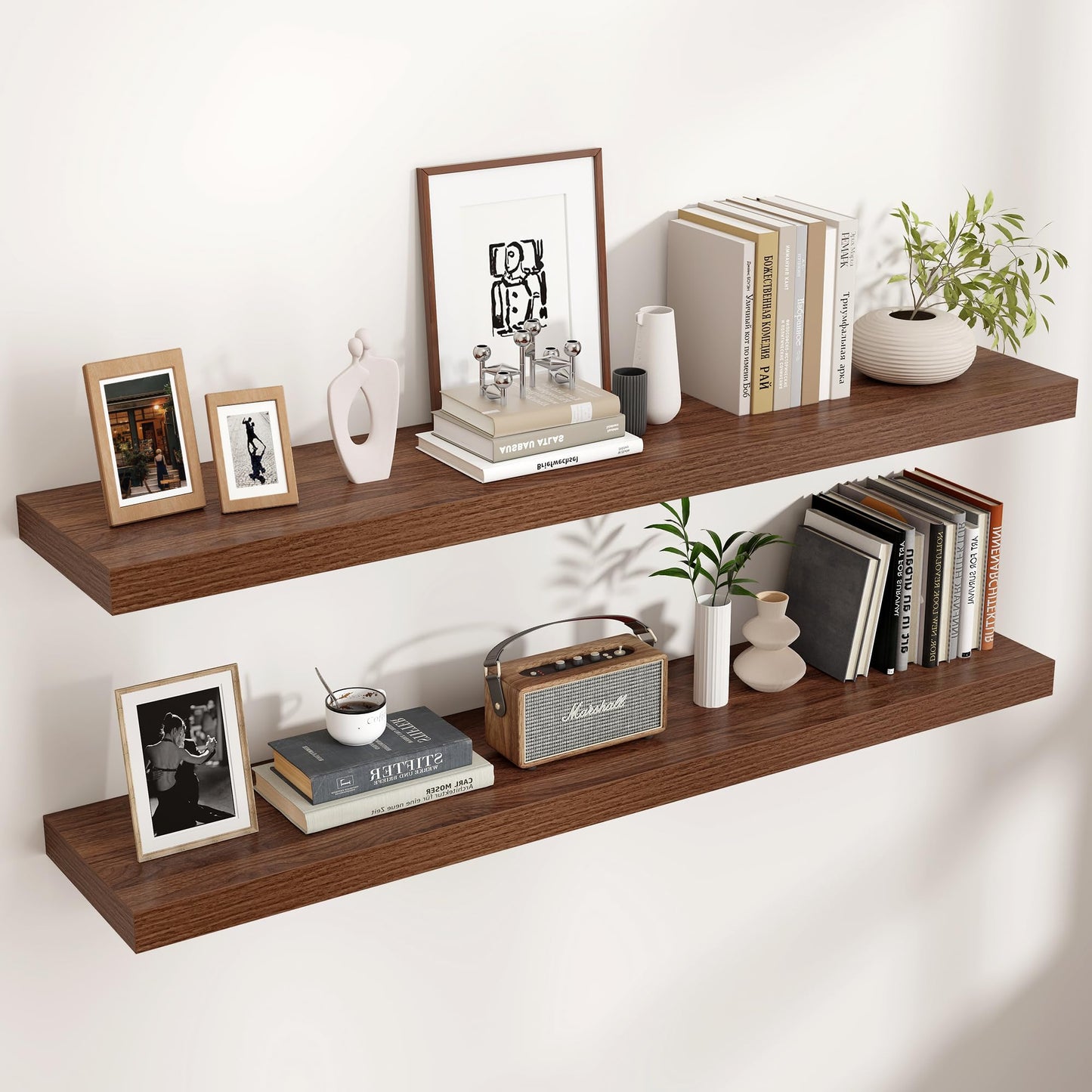Venusmiles Floating Shelves for Wall, Engineered Wood Wall Shelves with Invisible Brackets for Living Room Bedroom Bathroom Office Kitchen Decor and Storage (Walnut, 48" W x 9" D x 1.5" H) Set of 2