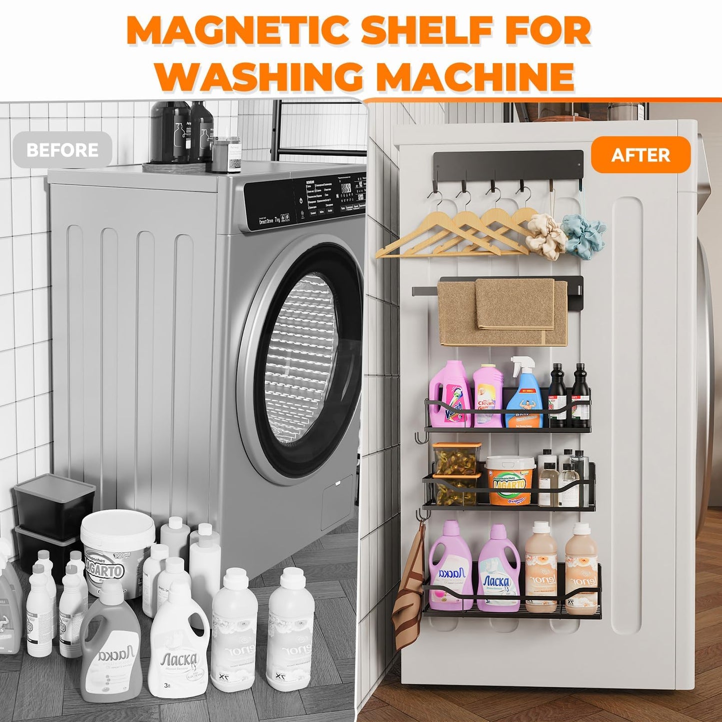 5 Pack Multifunctional Magnetic Shelves for Refrigerator Spice Rack & Washing Machine Organize, Include Paper Towel Holder, Kitchen Utensil Hanger and Hooks, Strong Magnet for Secure Hold (Black)