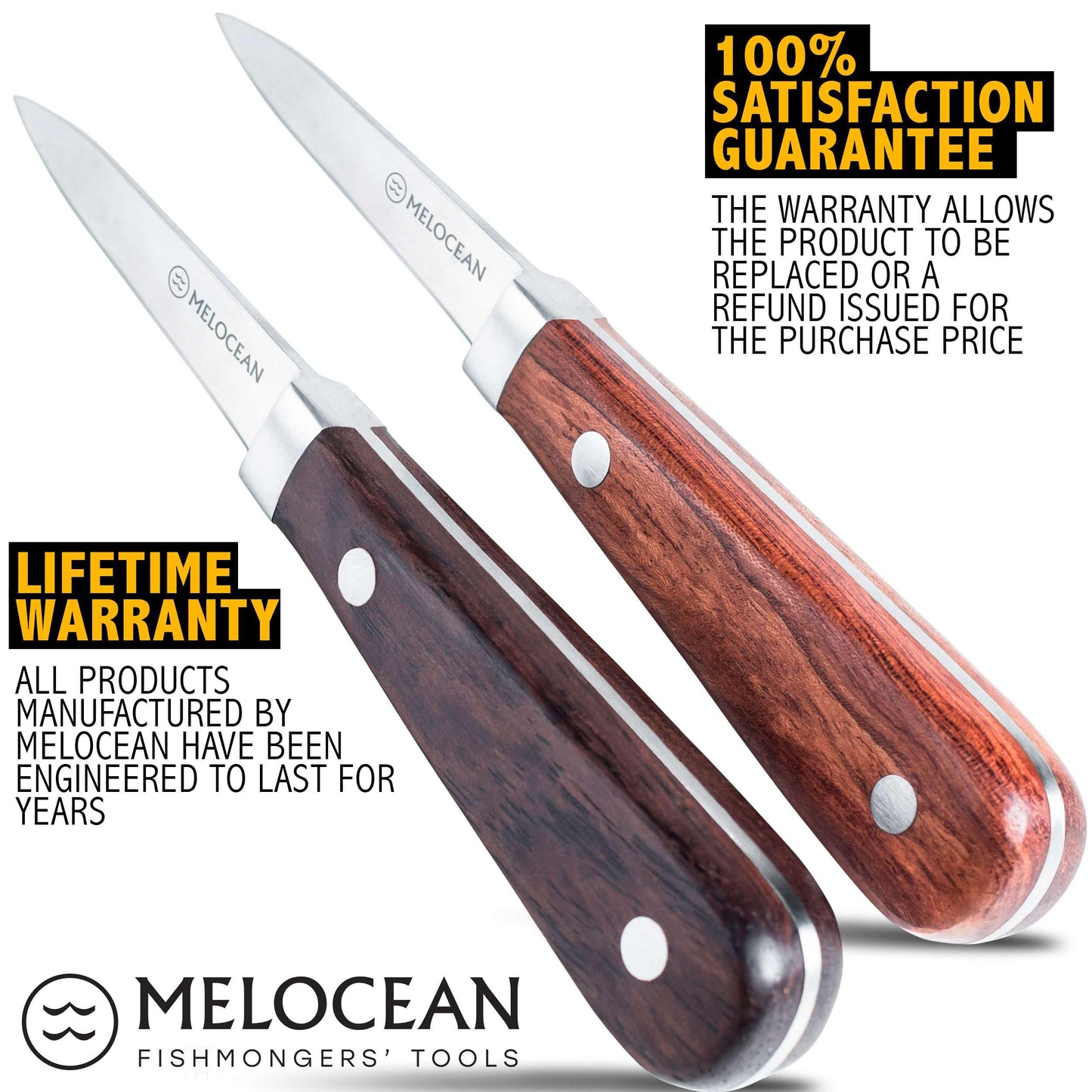 Melocean Oyster Shucking Knife Set of 2 - Professional Oyster Knife Shucker Clam Opener Kit in Lovely Box - Bonus Ebook and Brochure Included