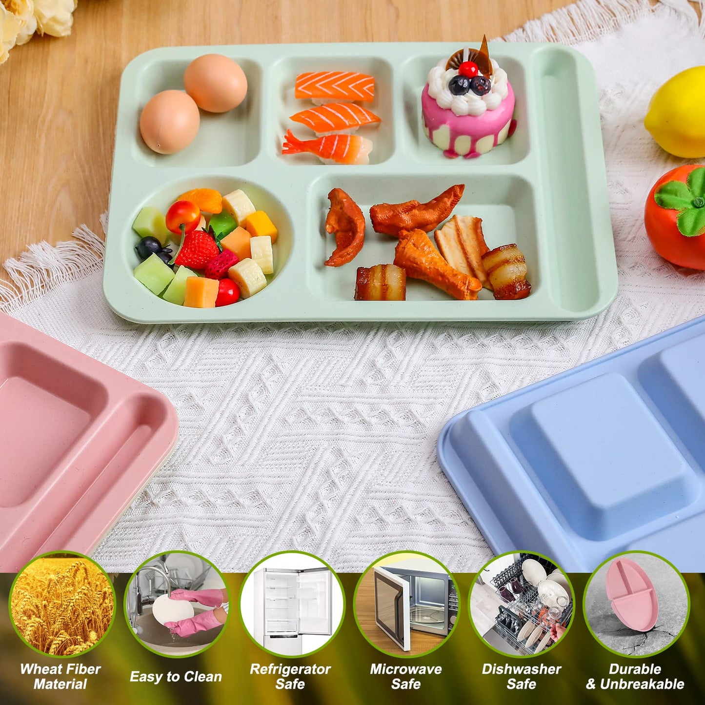 Pinkunn 12 Pcs 14'' Large Divided Plates Unbreakable Wheat Straw Lunch Trays 6 Compartments Cafeteria Trays Microwave Dishwasher Safe Food Separator Plates (Beige, Blue, Green, Pink)