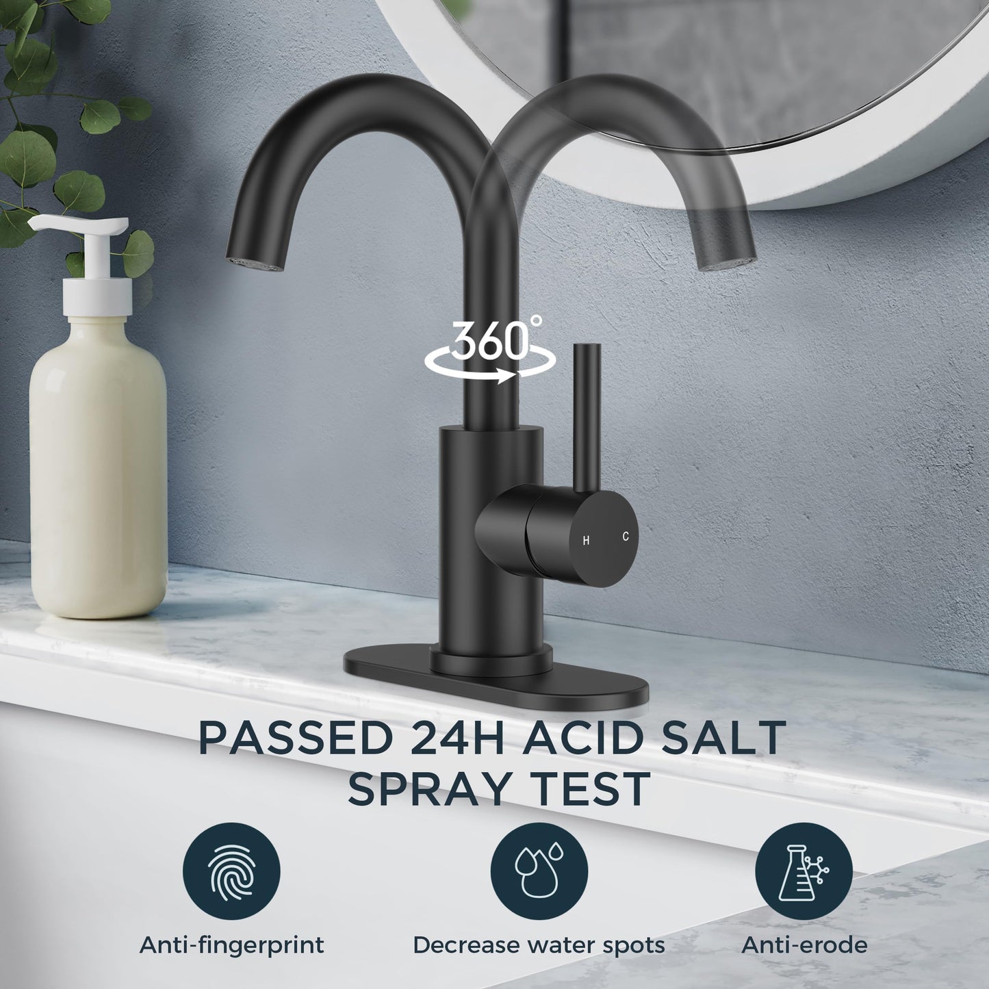 FORIOUS Black Bathroom Faucet 1 or 3 Hole Sink Single Handle, 360° Swivel Gooseneck Spout, Matte Finsh, Leak-Free, with cUPC Supply Line and Pop Up Drain, Suitable for Bar Kitchen RV Vanity