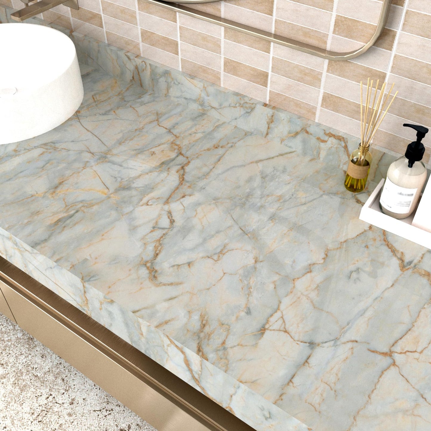 EPPKILY Cyan Marble Contact Paper Peel and Stick Countertops Glossy Gold Green Marble Wallpaper Self Adhesive Countertop Contact Paper Waterproof for Kitchen Cabinet Vinyl Wrap Bathroom 15.7"×118"