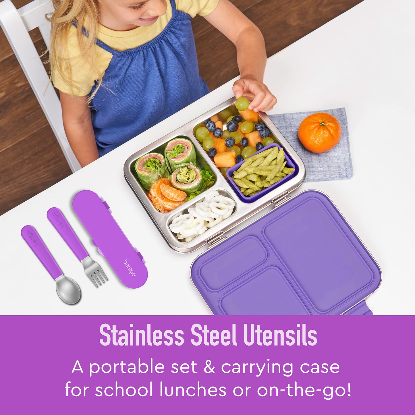 Bentgo Kids Stainless Steel Utensil Set - Reusable Fork, Spoon & Storage Case, PFAS- & BPA-Free, Easy-Grip Handles, Lightweight, Dishwasher Safe, School Lunch, Travel & Outdoors (Purple)