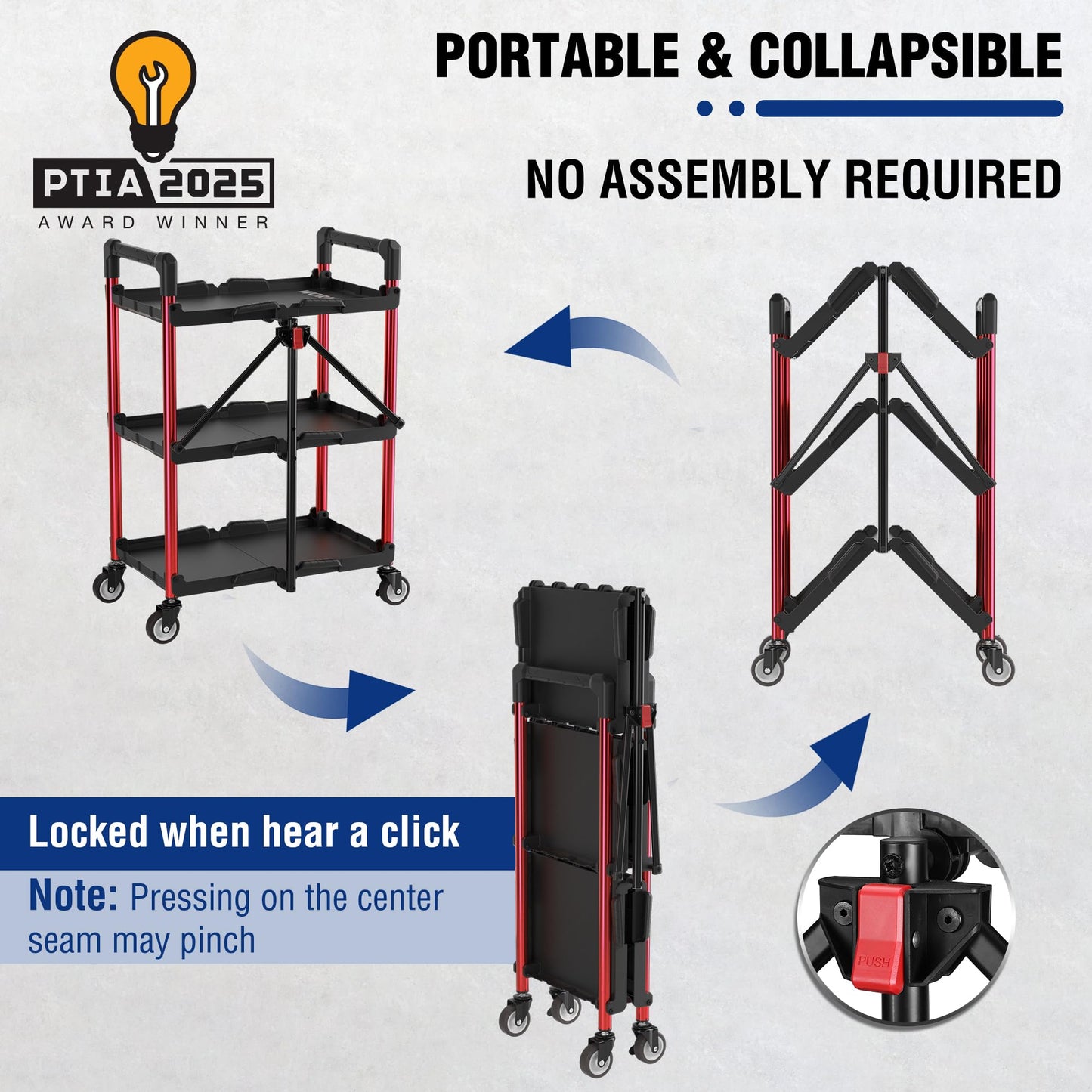 WORKPRO 3-Tier Collapsible Service Cart, 210 LBS Foldable Utility Service Cart with Wheels, Portable Tool Cart for Garage, Warehouse, Home, Restaurant, Office (No Assembly Required)