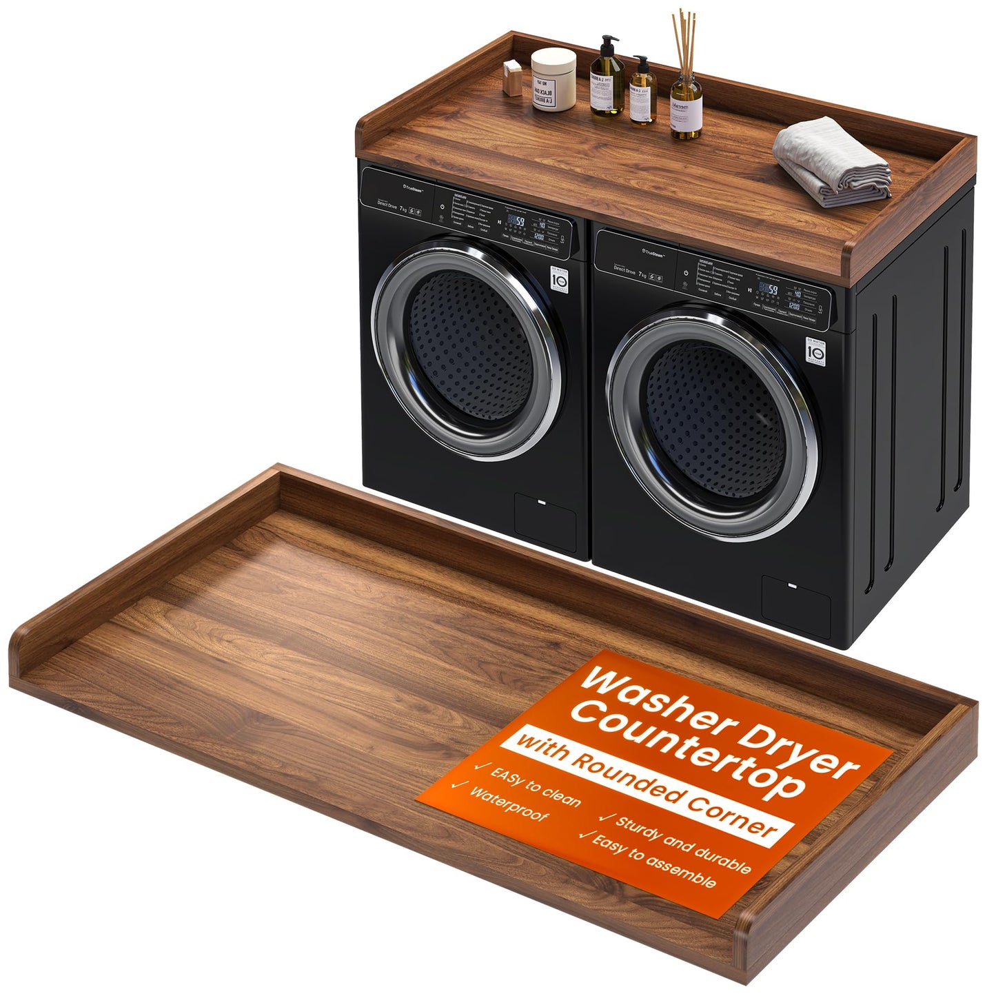 Washer Dryer Countertop, 27.5"x54" Wood Washer and Dryer Countertop with 2.95" Edge Rails, Laundry Machine Topper with Rounded Corner for Laundry Room Organization and Storage, Walnut