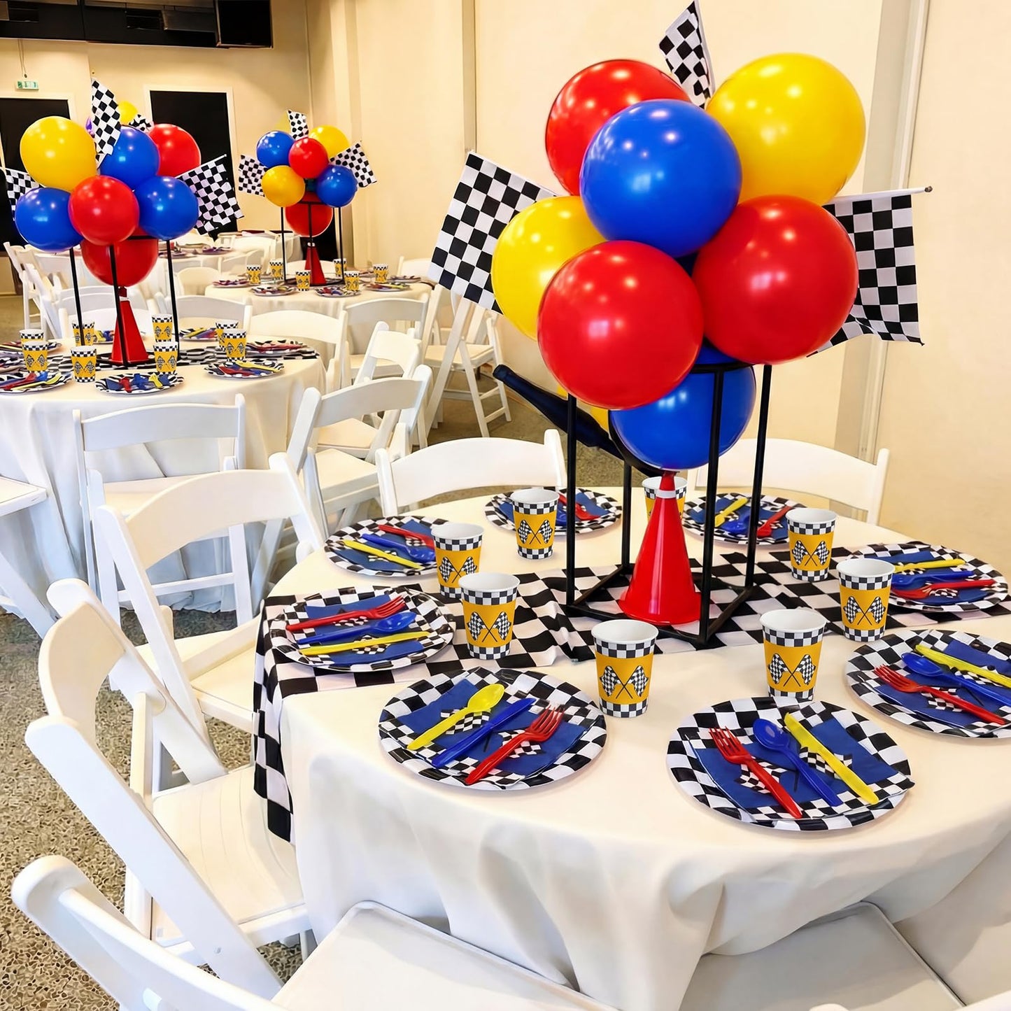 120 Pcs Race Car Birthday Decorations Fast One Party Tableware Set Blue Red Yellow Checker Flag Party Supplies If You Ain't First You're Last Paper Plates Napkin Cups Forks Knives Spoon for 24 Guest
