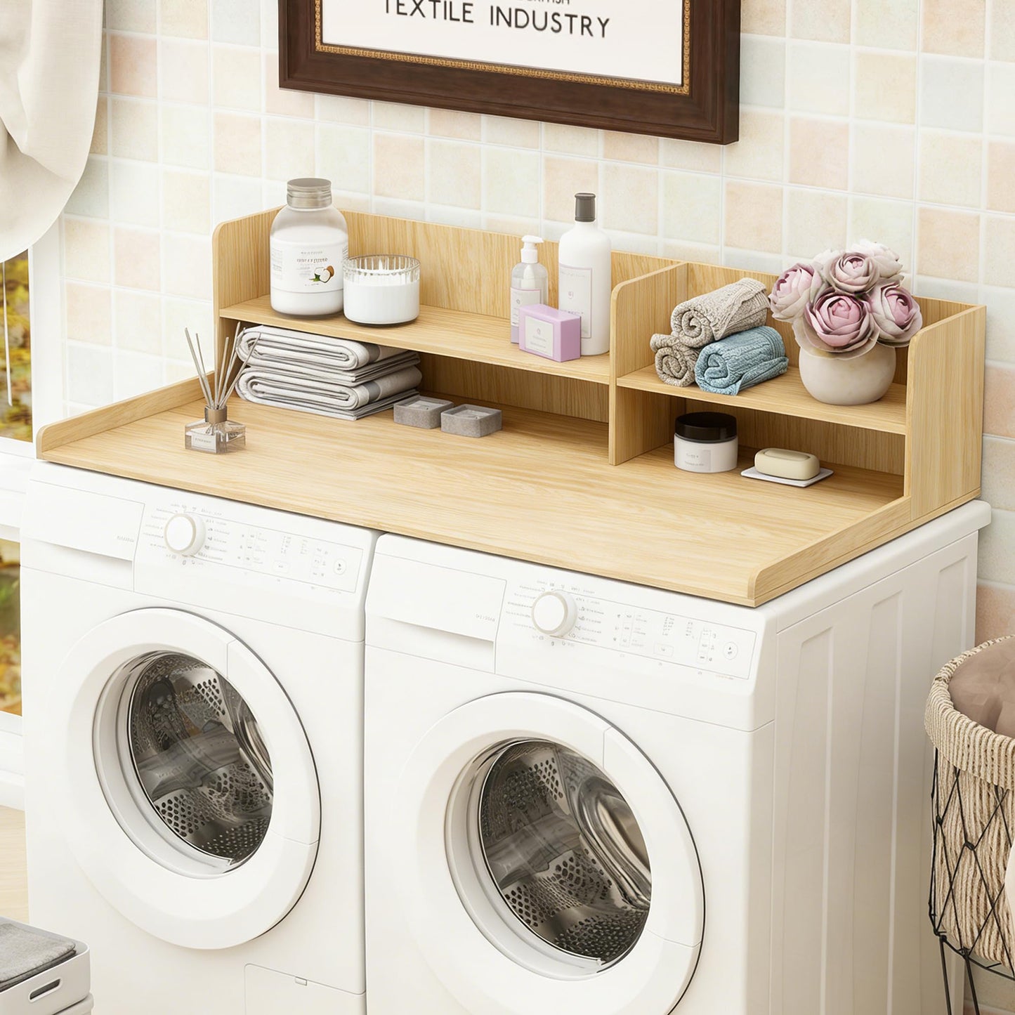 Desility Washer and Dryer Countertop, 54.7" W X 28.3" D Wooden Laundry Countertop with Adjustable Shelves, 2 Tier Washer and Dryer Topper for Laundry Room Organization, Natural
