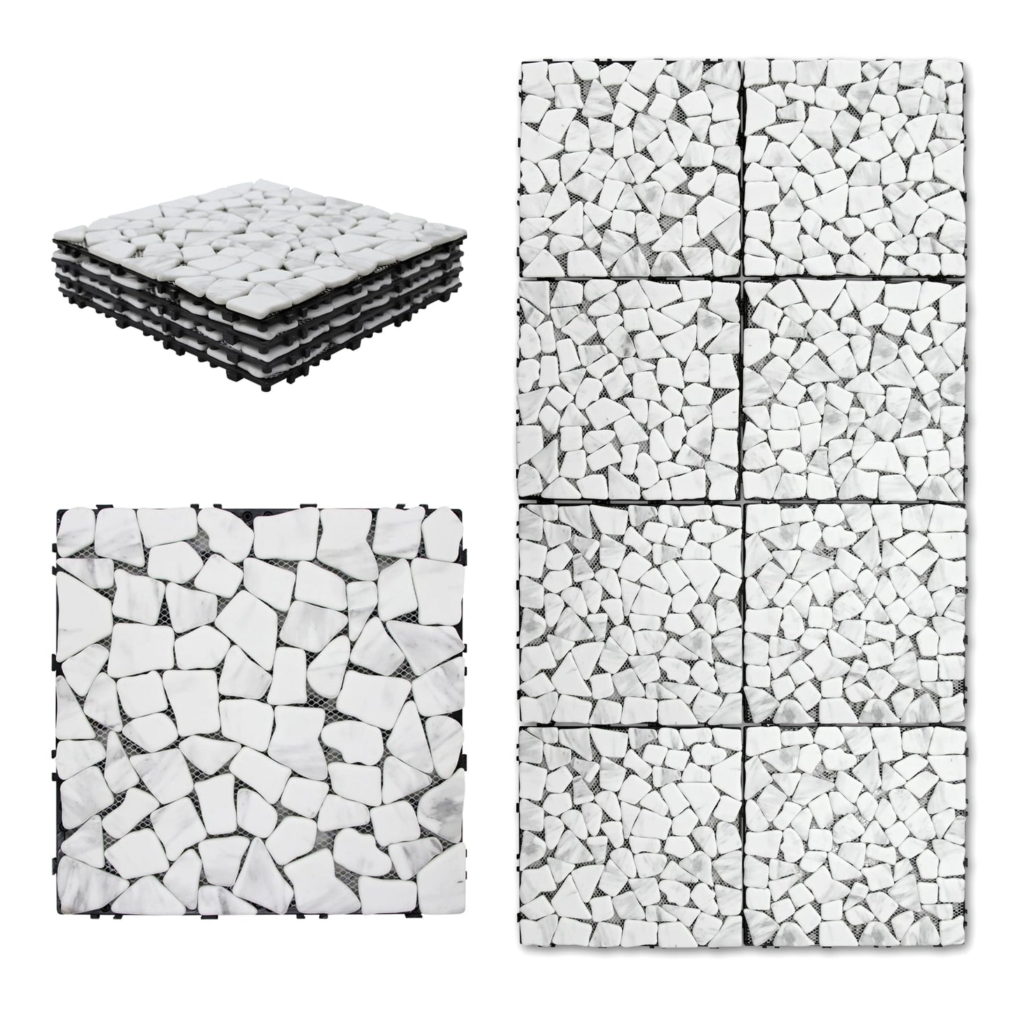 4PCS Natural Pebble Interlocking Deck Tiles, 12" x 12" Recycled Glass Marble Looks Waterproof Patio Deck, Outdoor & Indoor Flooring Decking Tiles for Porch Poolside Balcony Backyard, Carrara White