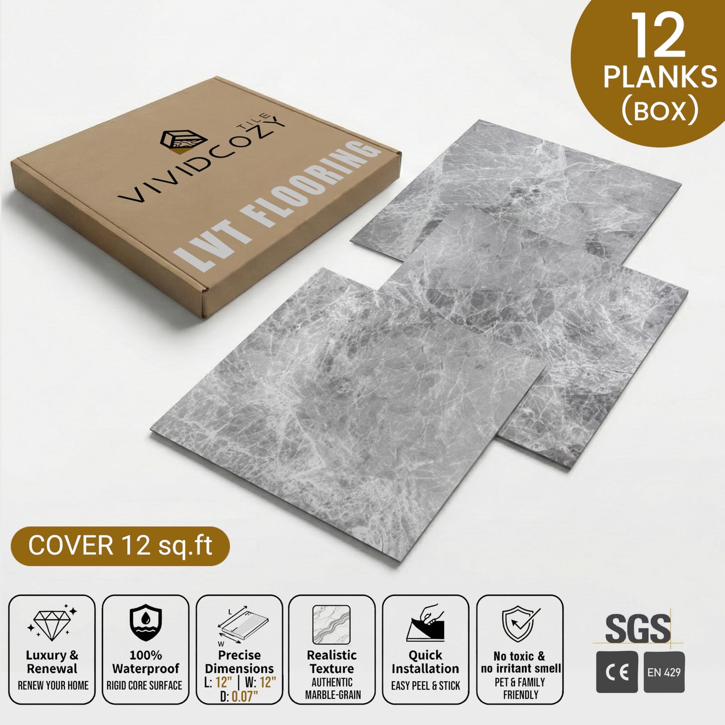 VIVIDCOZYTILE 12 Sq.Ft Peel and Stick Floor Tile, Athens Grey Matte Marble Vinyl Flooring for Bathroom, Kitchen and RV. Waterproof Rigid Core Backsplash, Rental Friendly 12 Sheets (12"x12")
