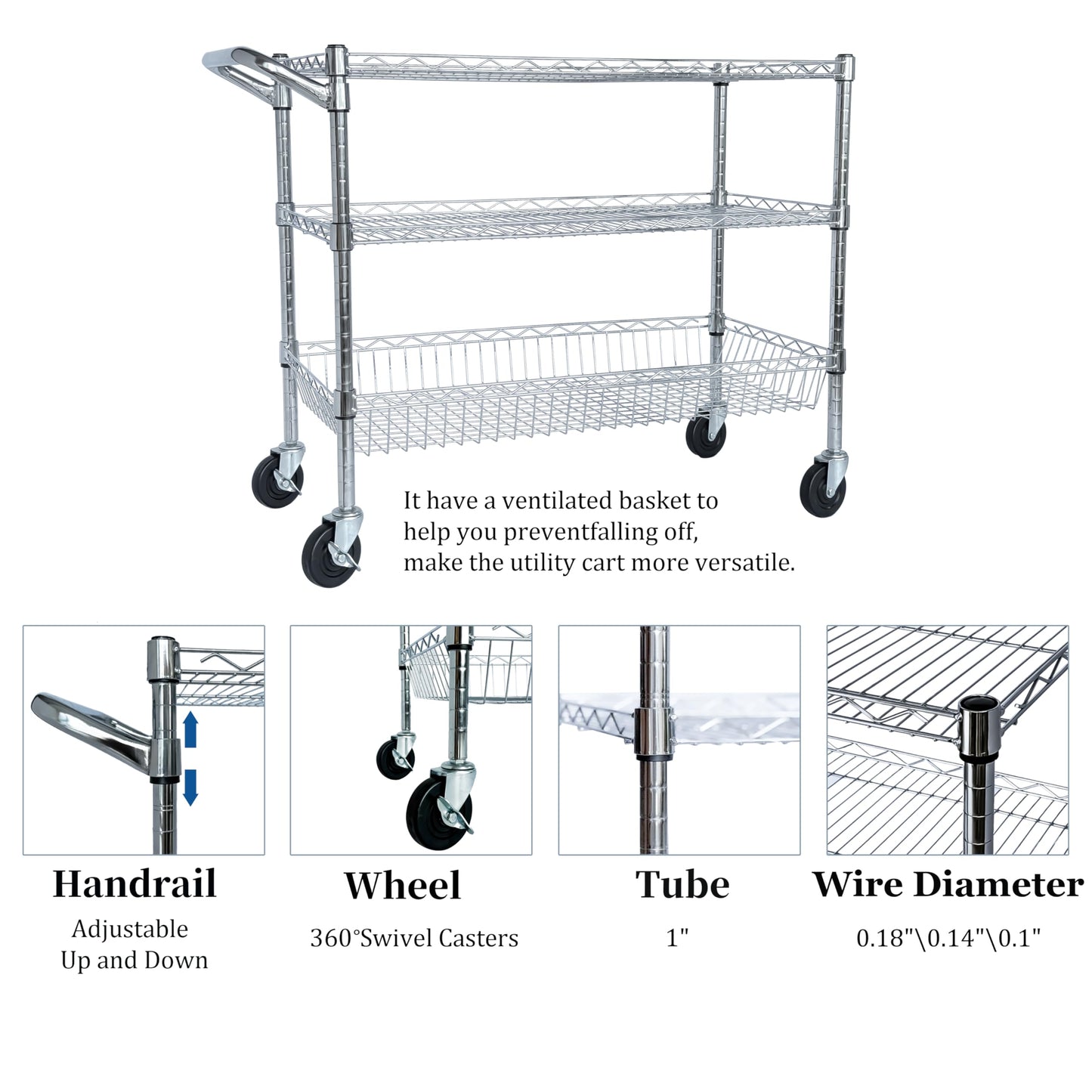 Sailret 36" Wx18 D Commercial Grade Rolling Utility Cart, 3 Tiers Metal Kitchen Utility Cart with Wheels for Restaurant, Office & Home, Storage Trolley with 105 mm Deep Basket, Wire Food Service Cart