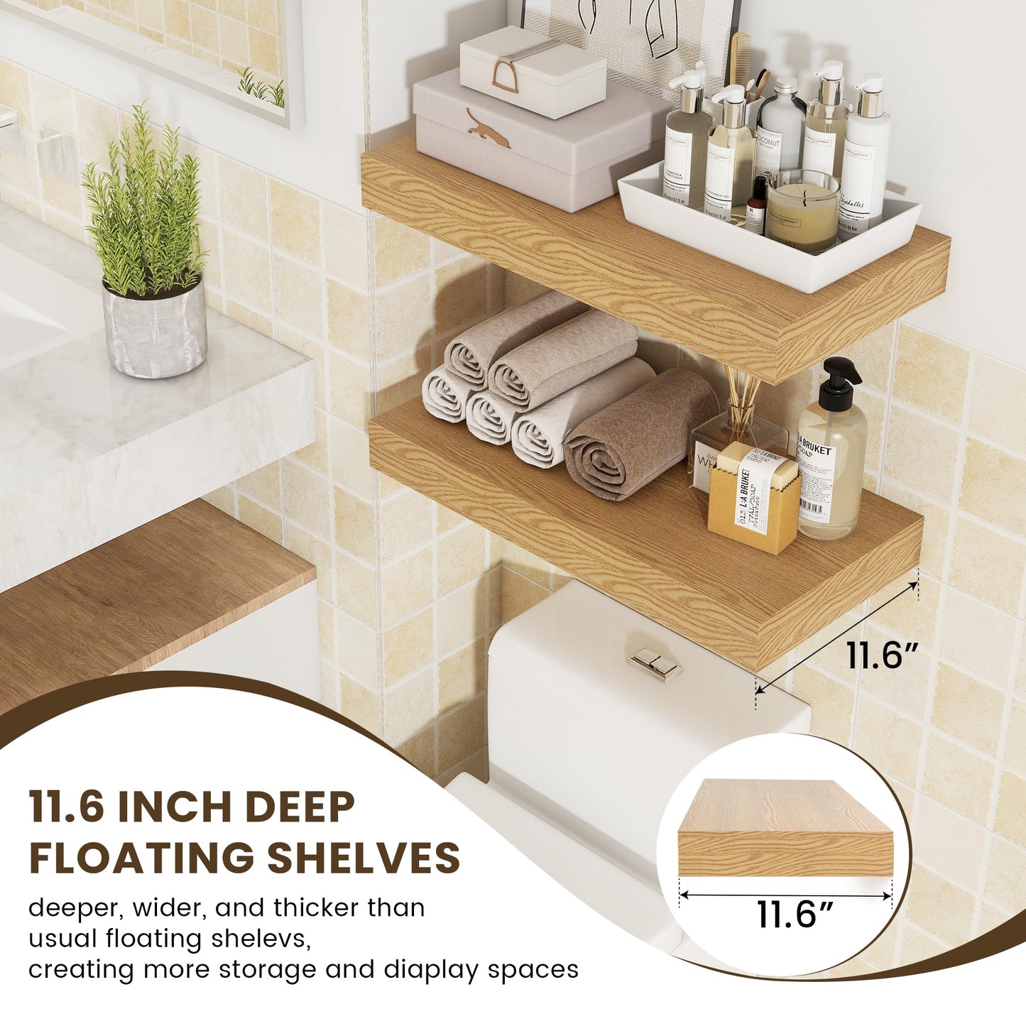 FLYJOE Deep Floating Shelves | 24 Inch Oak Floating Shelves Set of 2 | 12 Inch Deep Rustic Wood Shelves for Wall | 24" W x 12" D Oak Shelves for Living Room Bathroom Laundry Room Kitchen