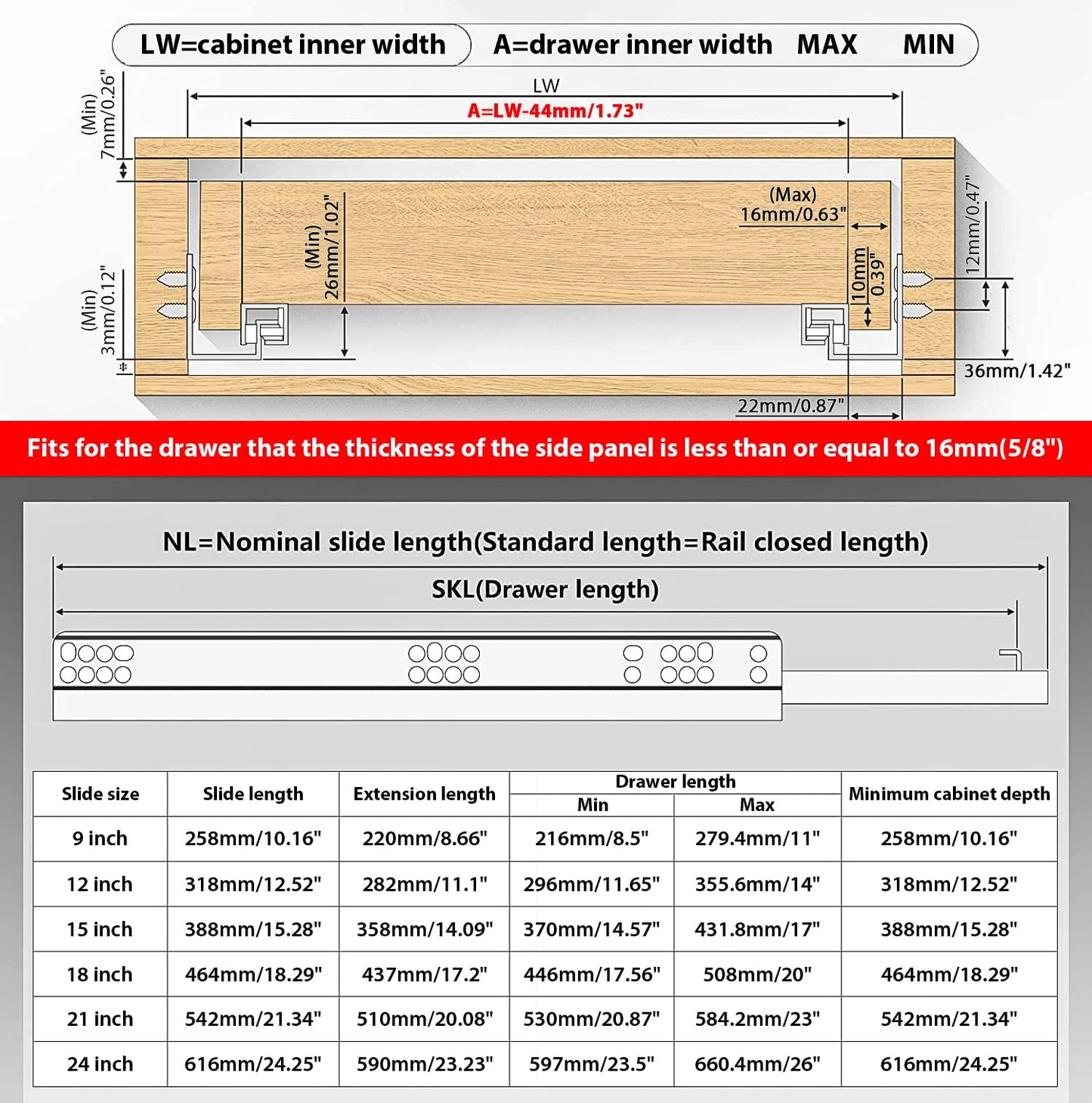 REGUDA Undermount Soft Close Drawer Slides Bottom Mounted Full Extension 9 12 15 18 21 24 Inch Ball Bearing Runners Rails 77 Lb Load 1 Pair (1 Pair, 15 Inch)