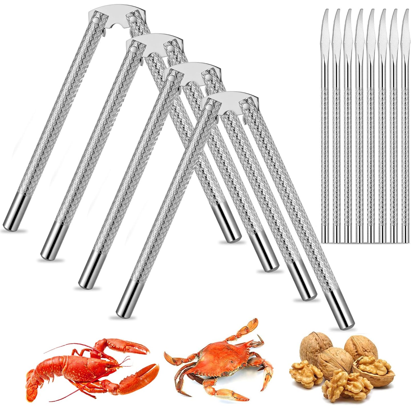 12-Piece Nut Cracker Tool Set with 4 Stainless Steel Crackers and 8 Picks for Seafood, Walnuts, Lobster, Crab, and Nuts