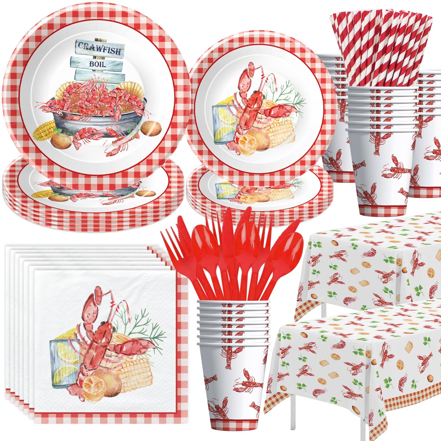 Xigejob Crawfish Boil Party Supplies, Lobster Crab Seafood Boil Party Decorations Tableware for Birthday Baby Shower, Paper Plate, Cup, Napkin, Tablecloth, Disposable Cutlery, Serves 24
