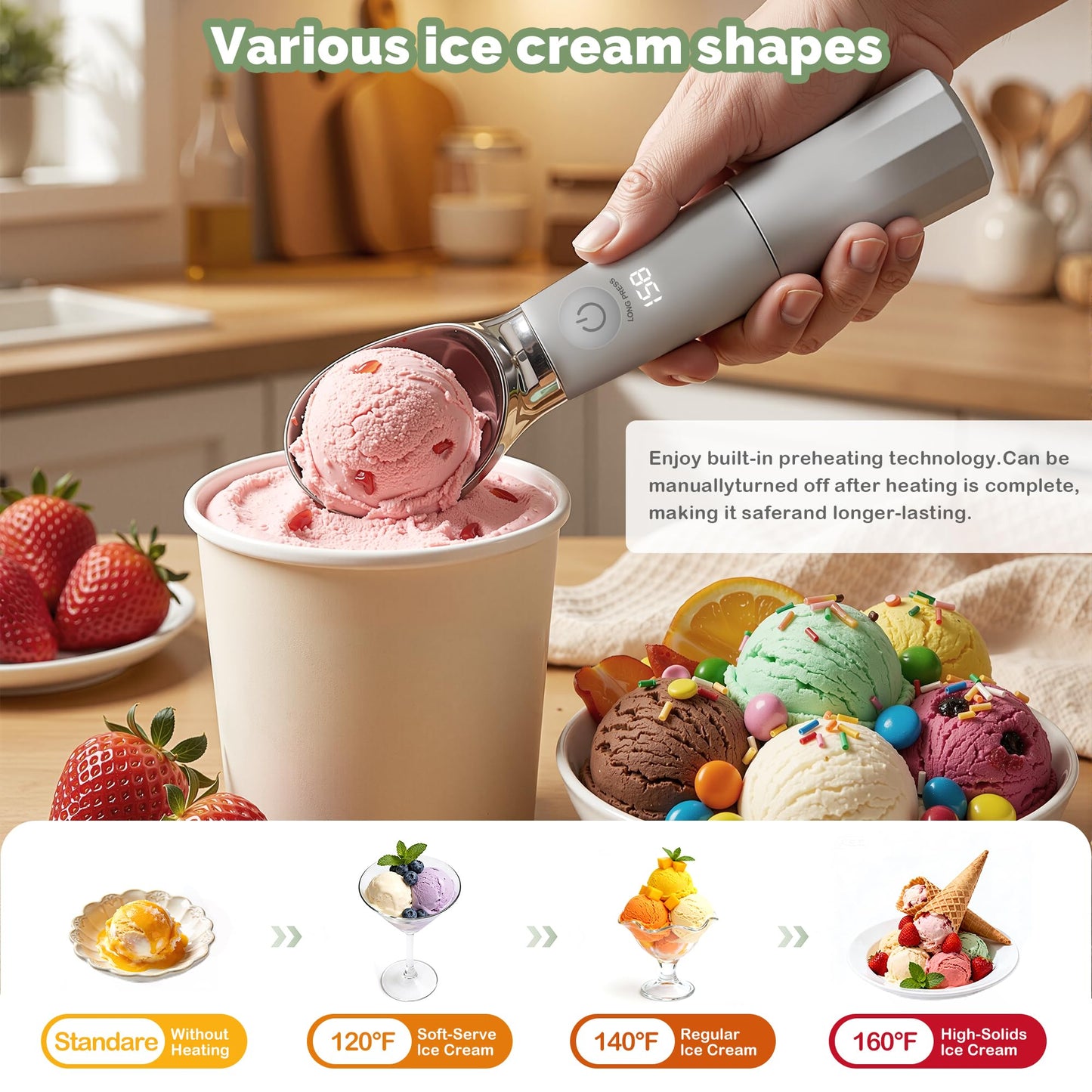 Heated Ice Cream Scoop Rechargeable with Removable Battery, Electric Warming Scooper, 30s Rapid Heating to 162°F, 316 Stainless Steel, LED Display & IP67 Waterproof, Easy Clean for Hard Ice Cream