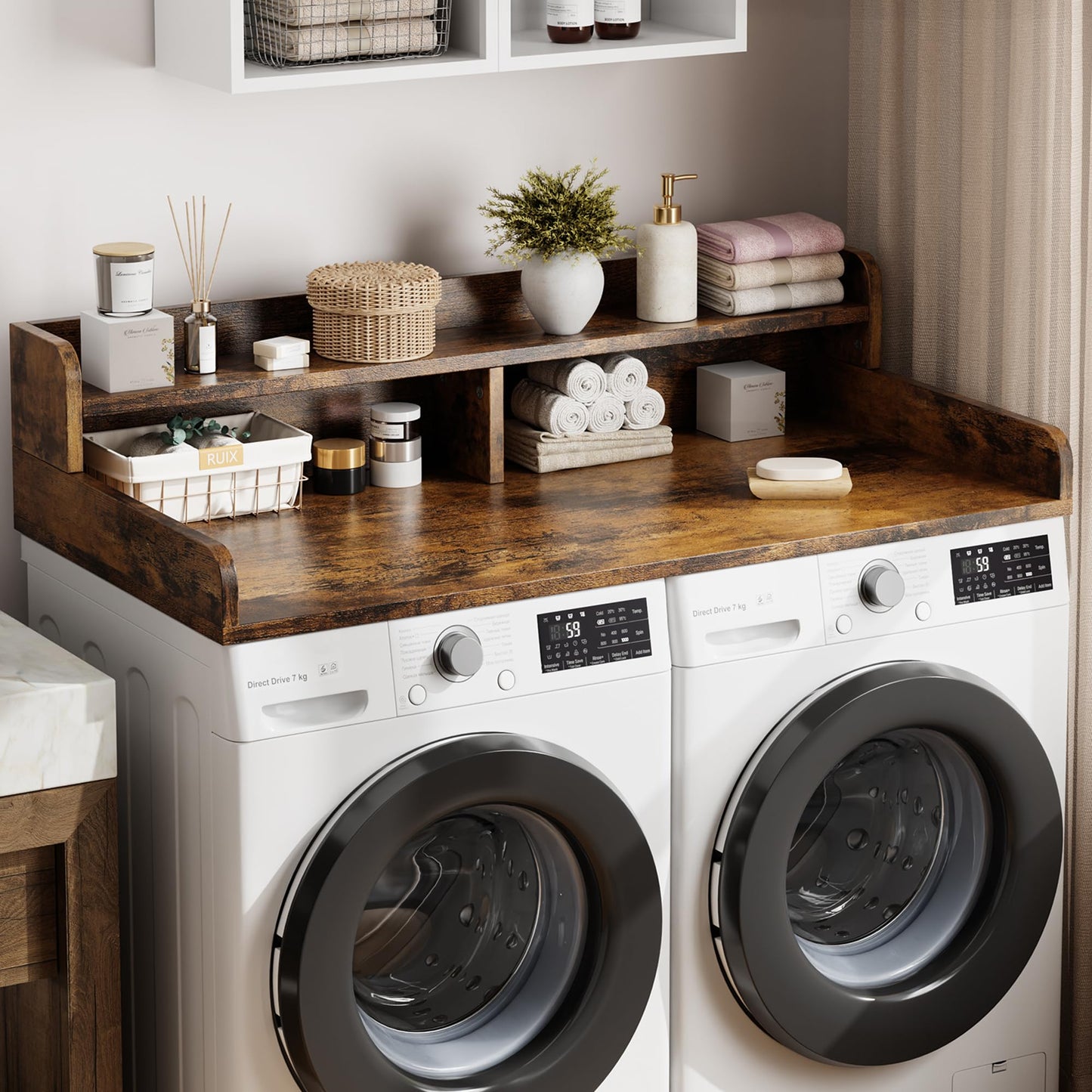 IDEALHOUSE 2-Tier Washer and Dryer Countertop with Shelf or Drawers, Laundry Countertop Cover with Non-Slip Pad, 54"X27.5" Laundry Topper for Folding Clothes Over Washer and Dryer-White