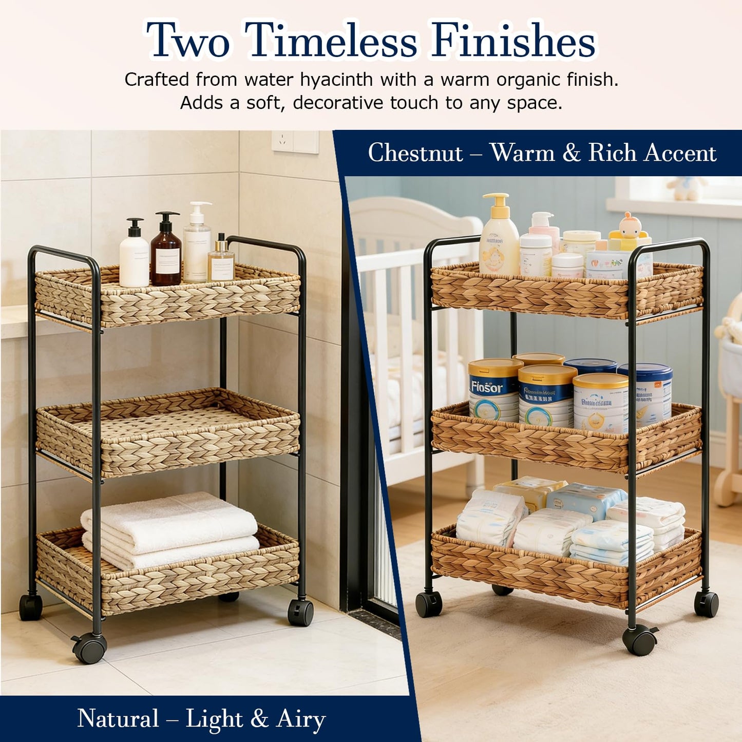 LuyaVogue 3 Tier Bathroom Cart with Woven Baskets, Bedside Cart for Baby Essentials, Boho Nursery Storage Cart, Slim Bathroom Cart Organizer, Natural Wicker Style