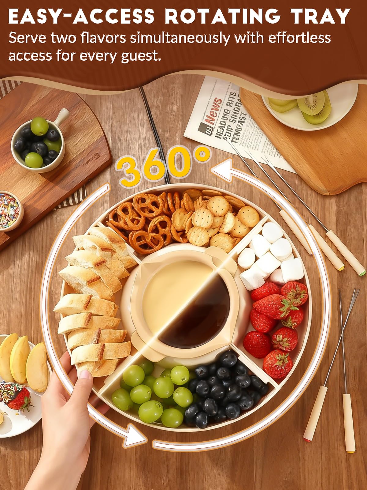 LUSHYUM Chocolate Fondue Pot Set Electric Melting Machine, 4-Cup Capacity 4 Trays 5 Forks 1 Spatula Cheese Warmer, Ideal Gift for Couple Family & Date Night Idea House Warming Holidays Essentials