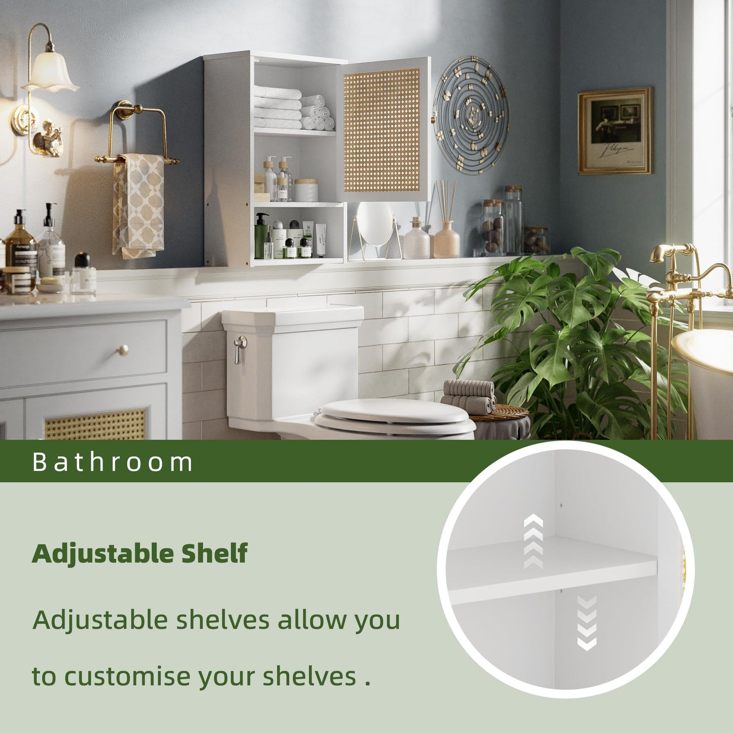 vovala Bathroom Wall Cabinet, Bamboo Over-The-Toilet Storage Organizer with Rattan Doors and Adjustable Shelf, Space Saver Medicine Cabinet for Laundry, Kitchen, Living Room (White)