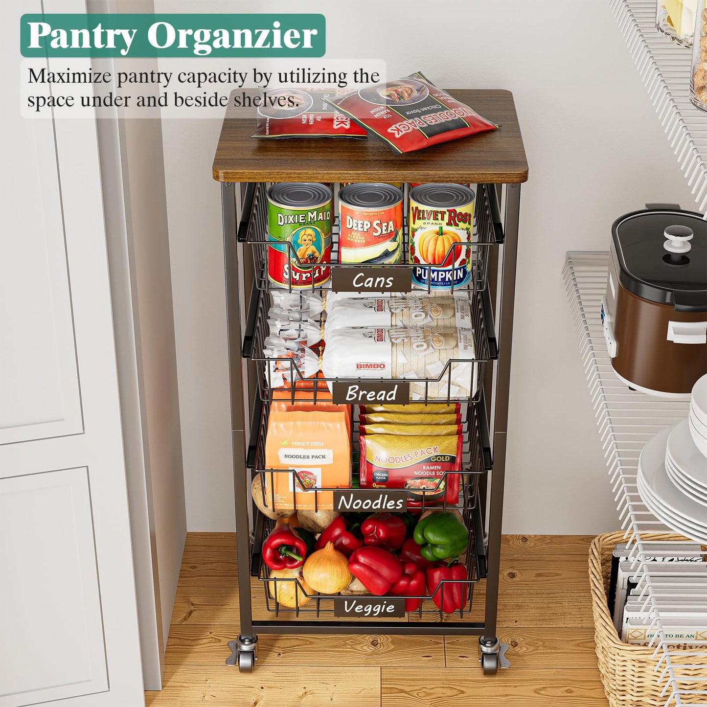 CHLORYARD 5-Tier Vegetable Fruit Basket Kitchen Storage Rolling Cart on Wheels with Pull-Out Baskets and Wood Top for Kitchen Diningroom Pantry