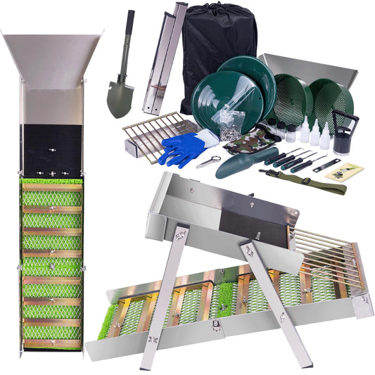 3 in 1 Highbanker Gold Panning Kit, Deformable 50" Folding Gold Sluice Box, Portable Mining Equipment for Adults, 34pcs Includes Gold Pan, Classifier Screen, Magnet, Backpack & Accessories