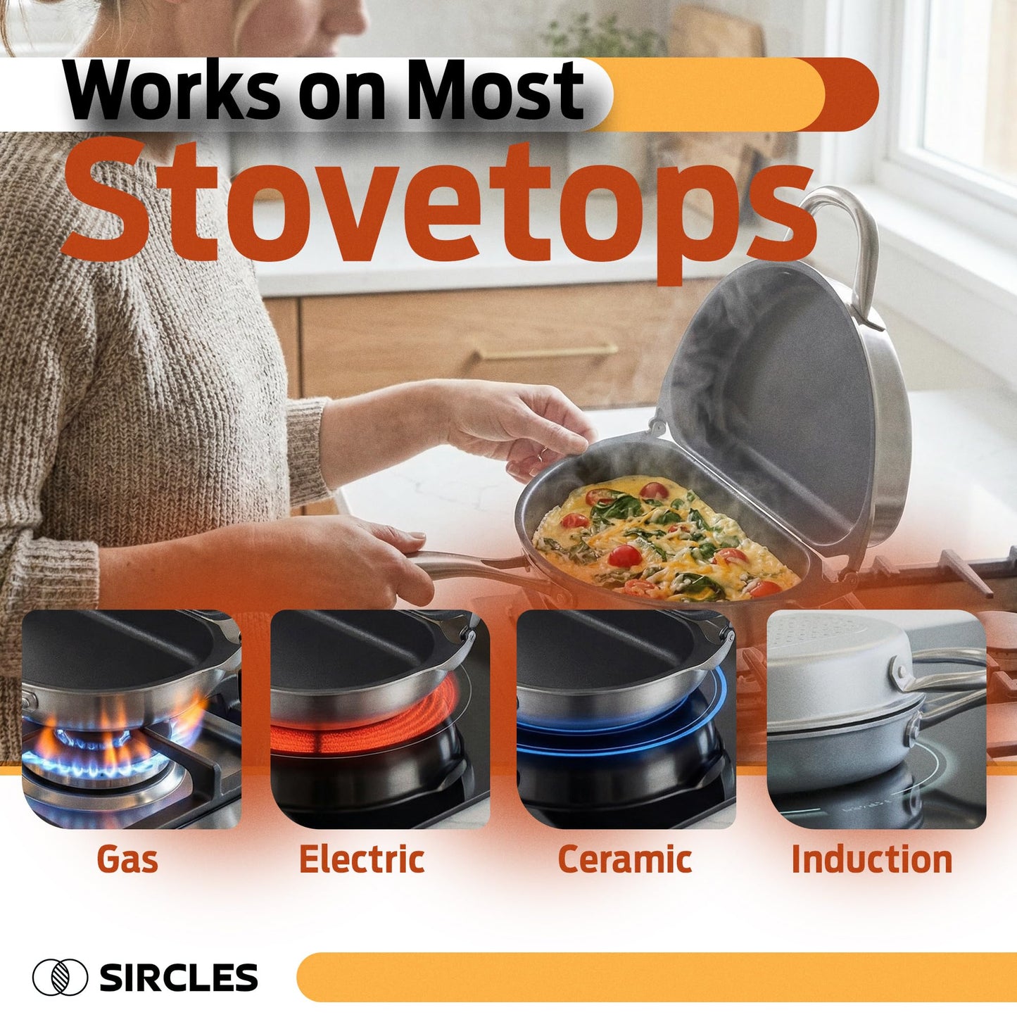 SIRCLES Omelette Pan Double Sided Non Stick Omelette Maker, 3004 Aluminum, Induction Compatible, Dishwasher Safe, PFOA Free, Flip Lock Egg Pan with Spatula & Recipe eBook, Omelette Makers