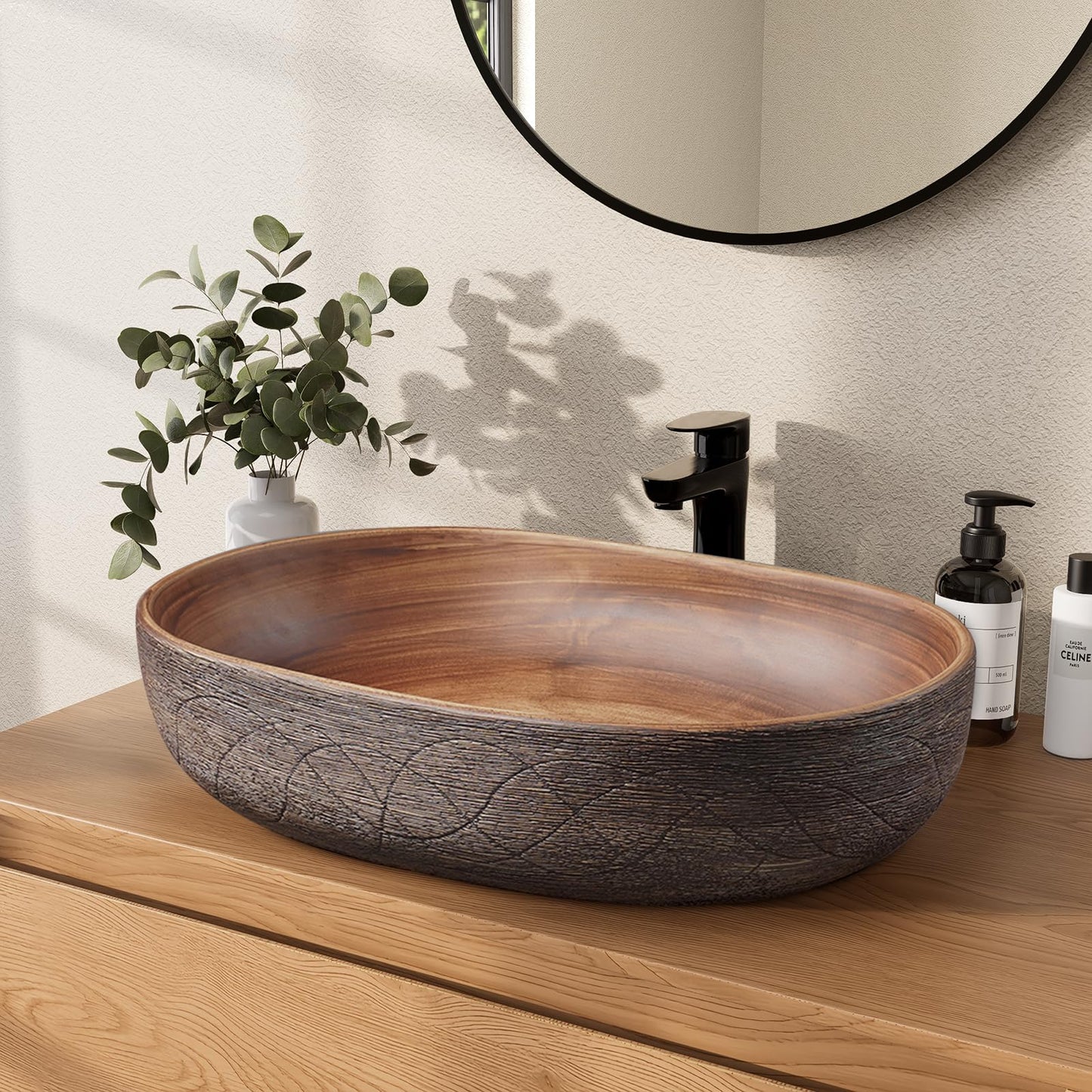 Homary Bathroom Vessel Sink, 23.23" Oval Bowl Sink Retro Ceramic Washbasin Above Counter for Bathroom,Without Pop-up Drain