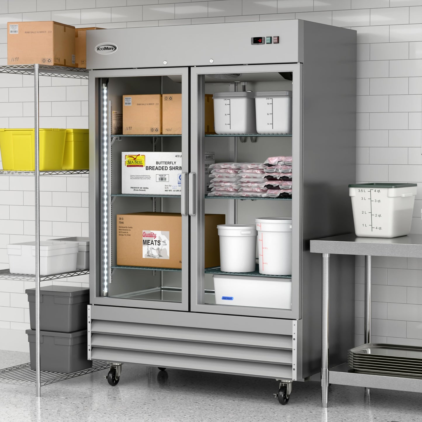 KoolMore Commercial Stainless-Steel Upright Freezer with Reach-In Self-Close Glass Doors, 6 Storage Shelves, Heavy-Duty Caster Wheels, Frost-Free Temperature Control - 47 Cu.Ft [Silver] (RIF-2D-GD)