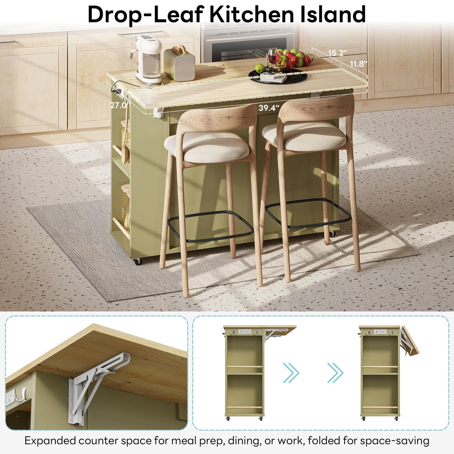 LIKIMIO Rolling Kitchen Island with Storage, 39.4" W Mobile Cart with Power Outlet & Drop Leaf Table, 2 Drawers, Removable 12 Grids, 3 Wine Racks, 360°Casters, Adjustable Shelf, Glass Door, Green