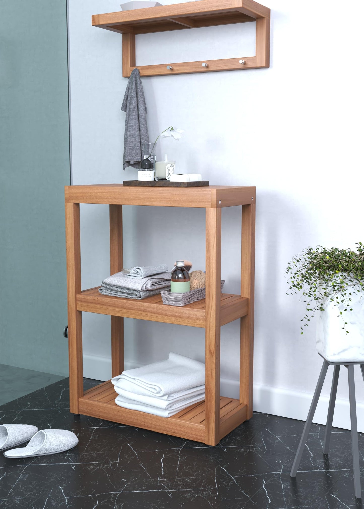 AquaTeak 12" Original Sula Rectangle Teak Bathroom Stand - Shower Stand with 3 Tier Shelf - Durable Water Resistant Shower Organizer - Space-Saving Storage Shelves with Anti-Slip Feet
