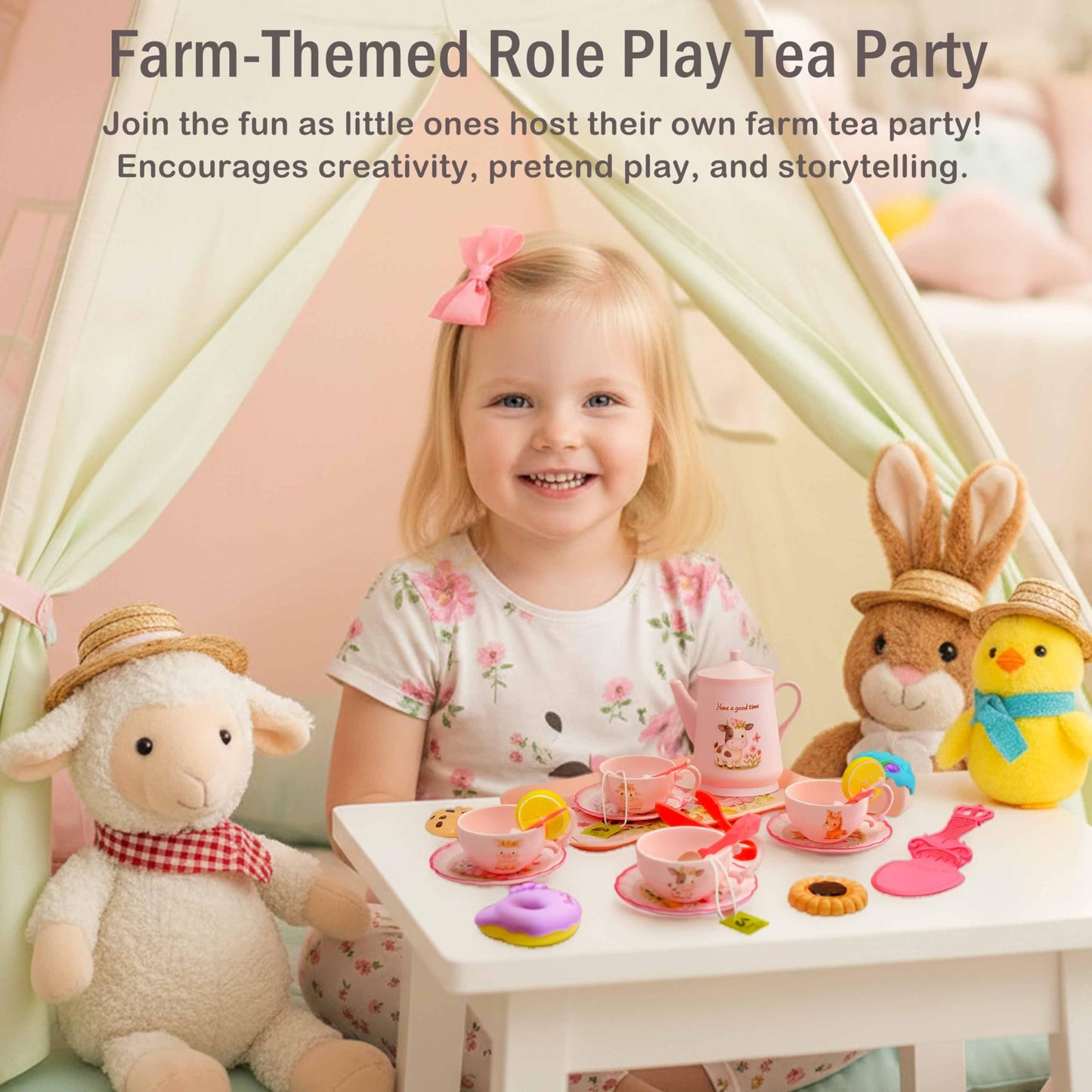 Lajeje Pink Barn Tea Party Set for Little Girls, 47PCS Farm Animal Pretend Play Tea Time Kit, Tea Sets for Toddlers 3-5 with Teapot & Story Cards, Carry Case Girls Birthday Gift, Easter Basket Stuffer