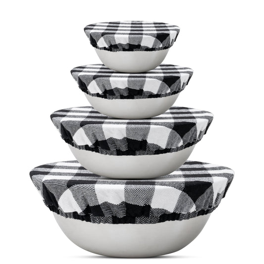 Reusable Elastic Bowl Covers - 100% Cotton Fabric Bowl Covers Set for Sourdough Bread and Mixing Bowls to Cover Dough, Fruits, Vegetables and Regulate Moisture (Black Plaid, 1XL, 1L, 1M, 1S)
