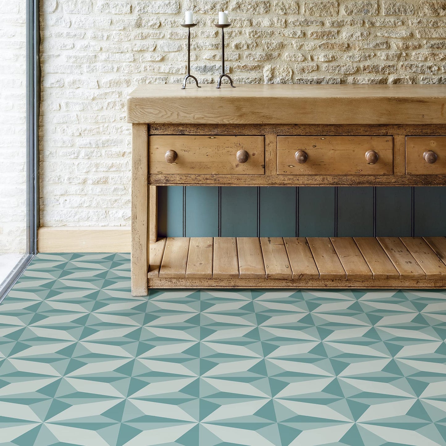 FloorPops Topaz Peel and Stick Floor Tiles, Blue Geometric Removable Vinyl Flooring, Self Adhesive Floor Tiles for Kitchen Bathroom Entryway