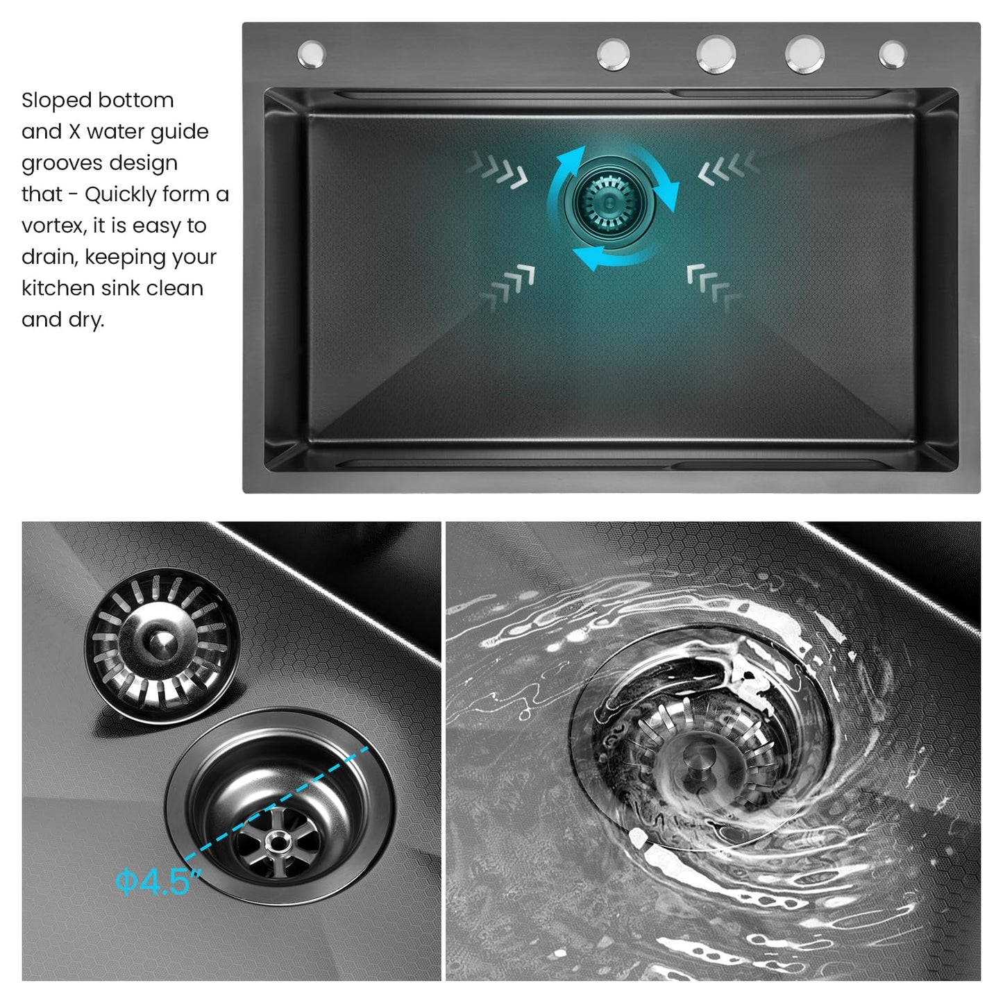 Kunoqi 33x22 Inch Kitchen Sink with Waterfall Faucet Combo, Nano PVD Black 16 Gauge Stainless Steel Workstation, Scratch Resistant Single Bowl Drop-In Sink, Multifunctional Handmade Design
