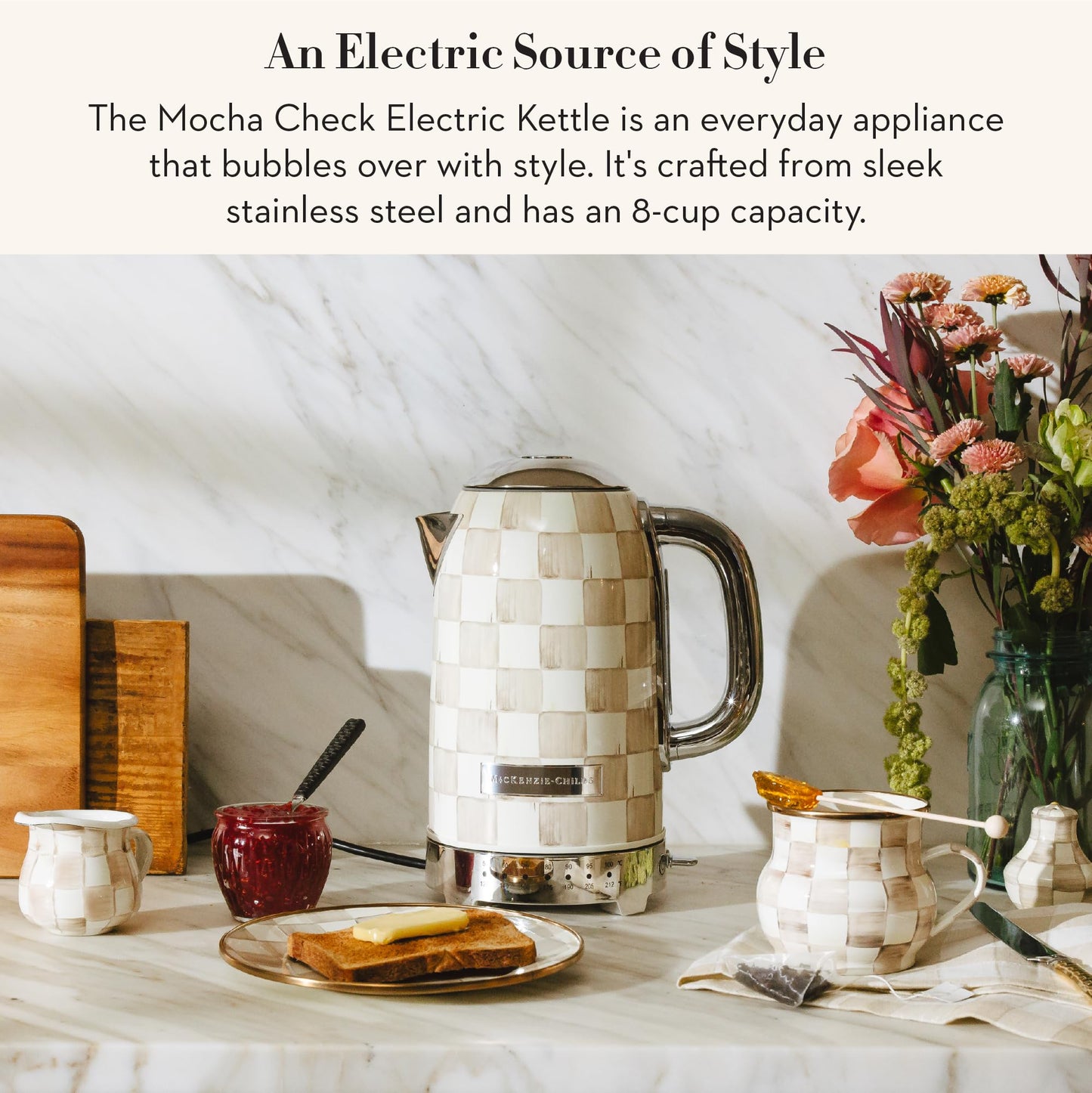 MACKENZIE-CHILDS Electric Kettle, Stainless-Steel Tea Kettle, Brown-and-White Mocha Check